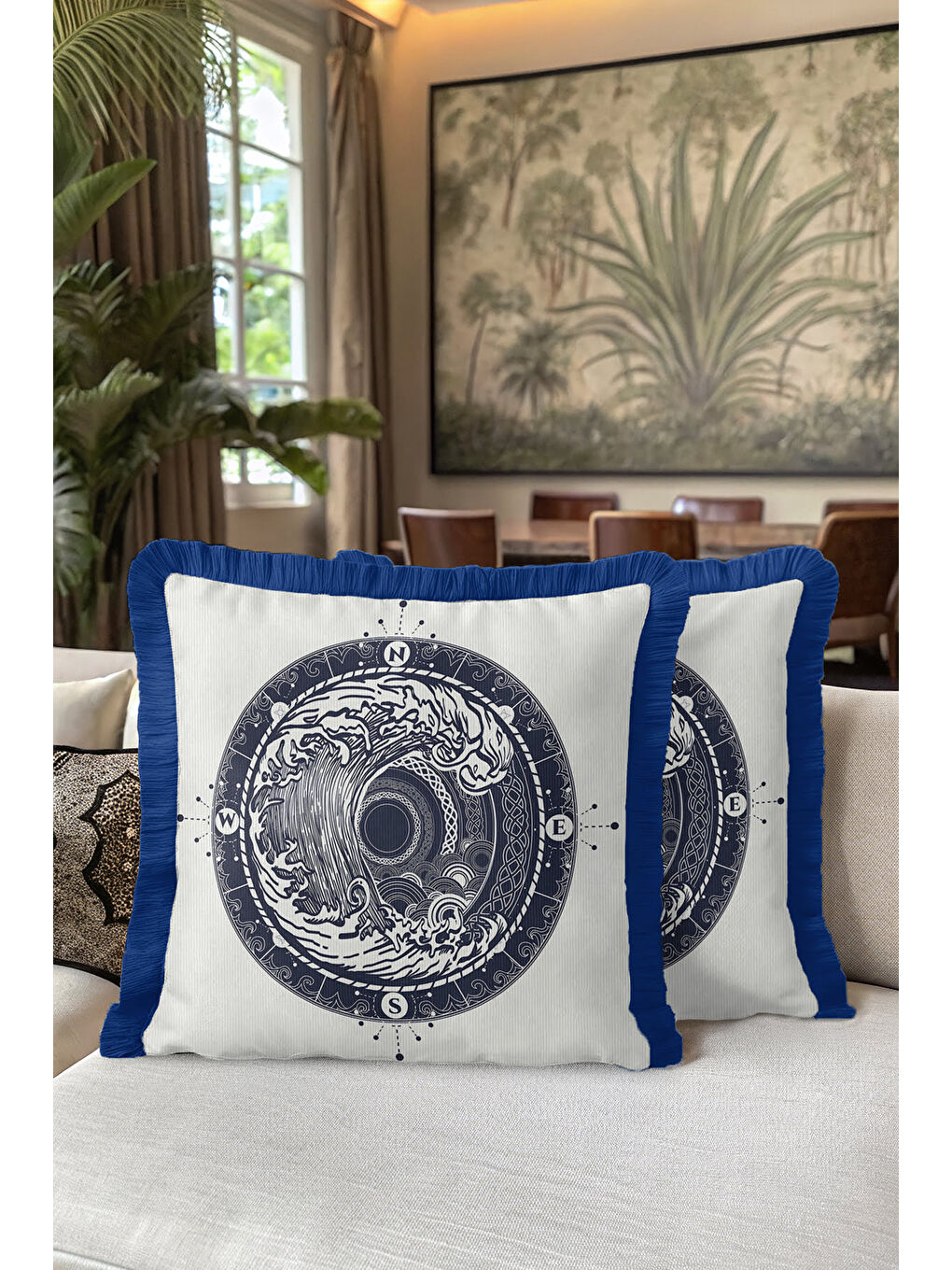 Karışık Nautical Dalga Motifli Saçaklı Yastık Kılıfı - Marin Modern Lacivert Püsküllü Kırlent Kılıfı-5
