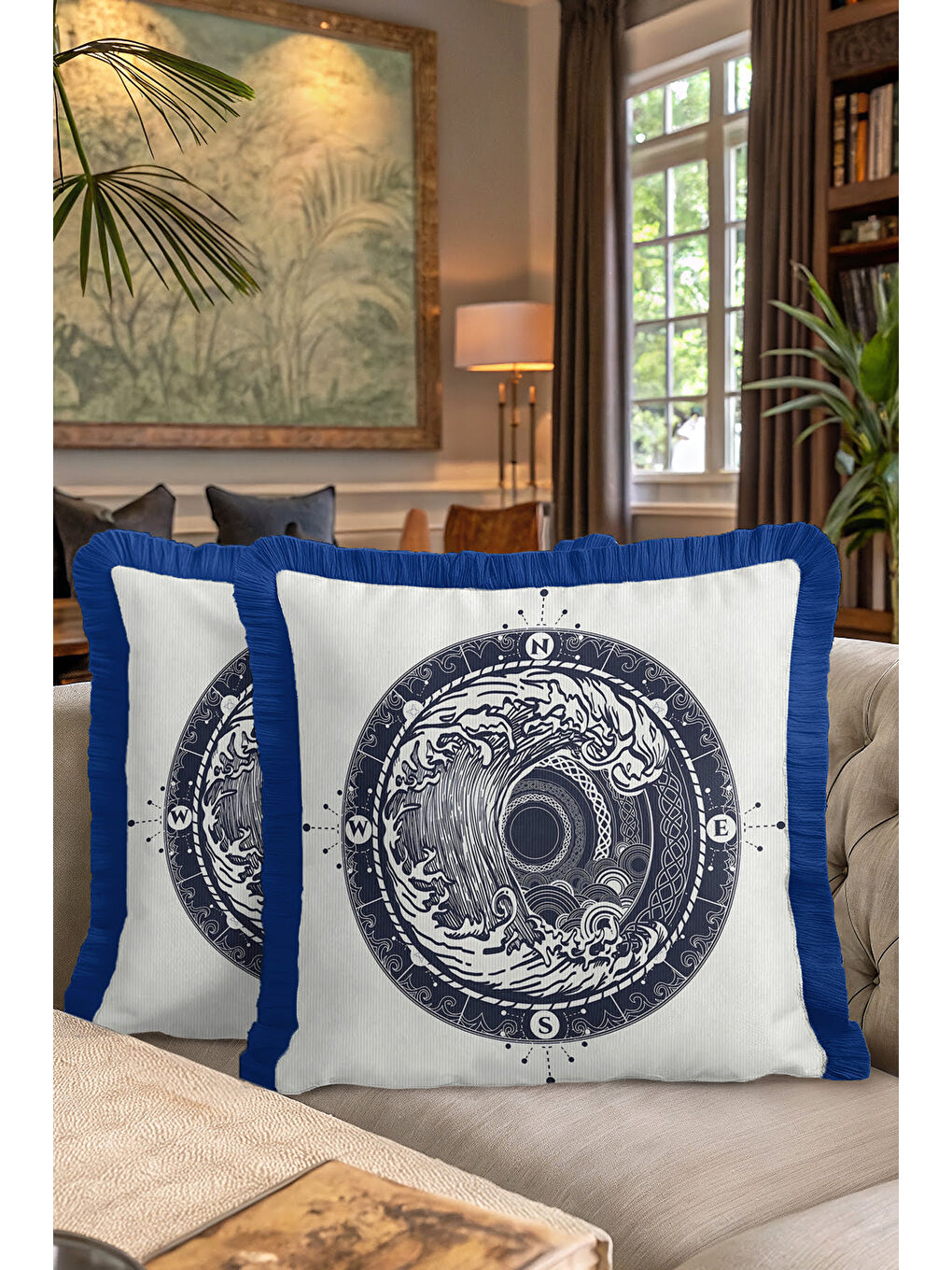 Karışık Nautical Dalga Motifli Saçaklı Yastık Kılıfı - Marin Modern Lacivert Püsküllü Kırlent Kılıfı-7