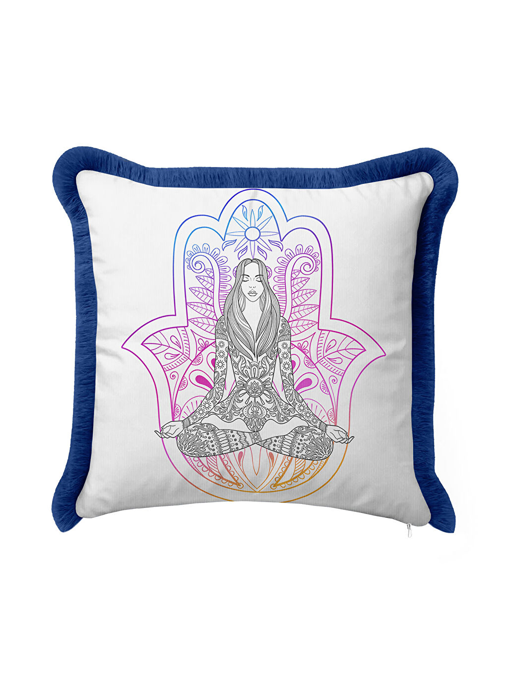 Karışık Mandala Meditasyon Figürlü Saçaklı Yastık Kılıfı - Spiritüel Bohem Mor Mavi Püsküllü Kırlent Kılıfı