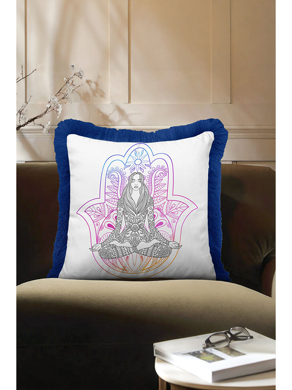 Karışık Mandala Meditasyon Figürlü Saçaklı Yastık Kılıfı - Spiritüel Bohem Mor Mavi Püsküllü Kırlent Kılıfı-1