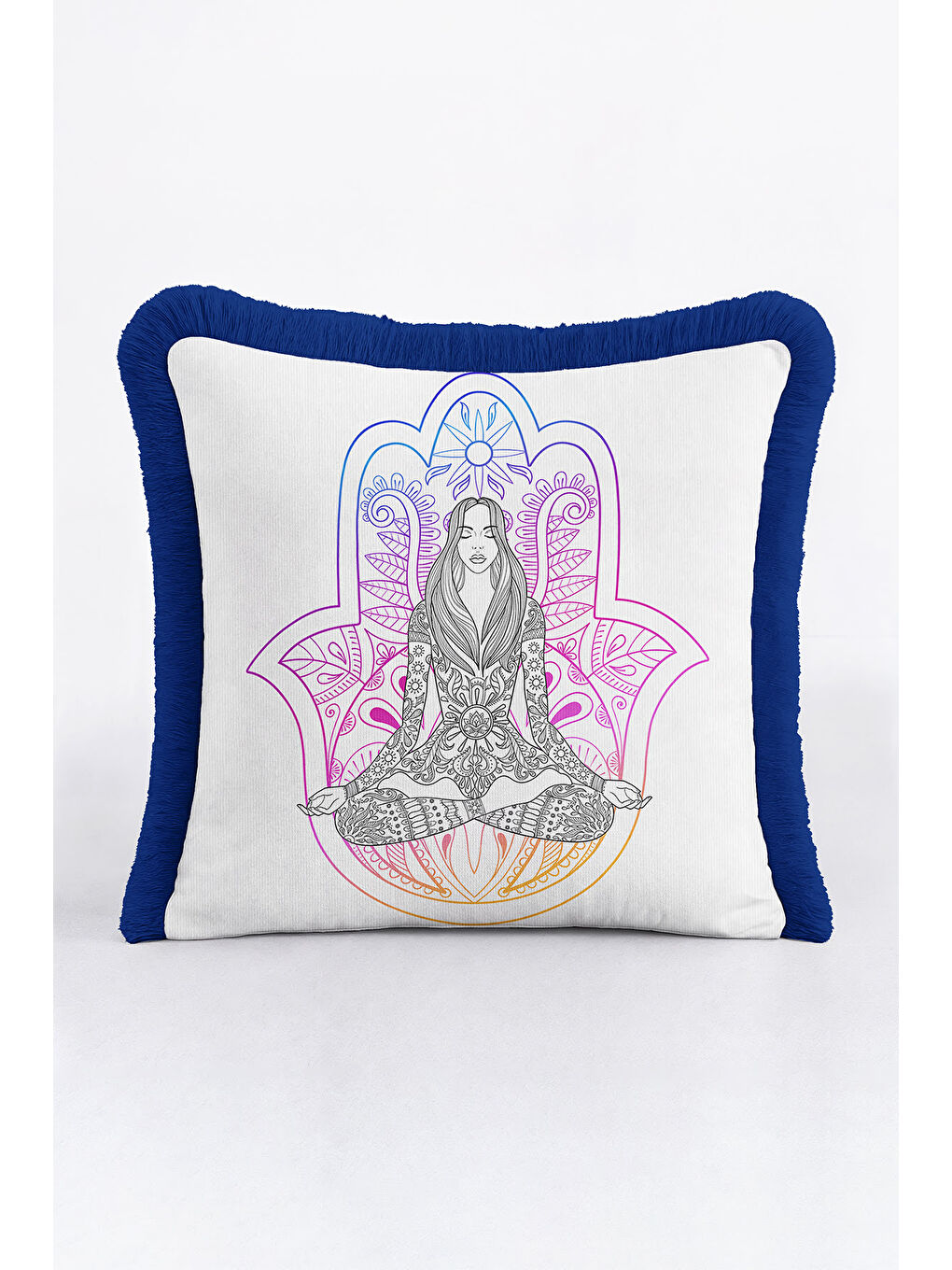 Karışık Mandala Meditasyon Figürlü Saçaklı Yastık Kılıfı - Spiritüel Bohem Mor Mavi Püsküllü Kırlent Kılıfı-2