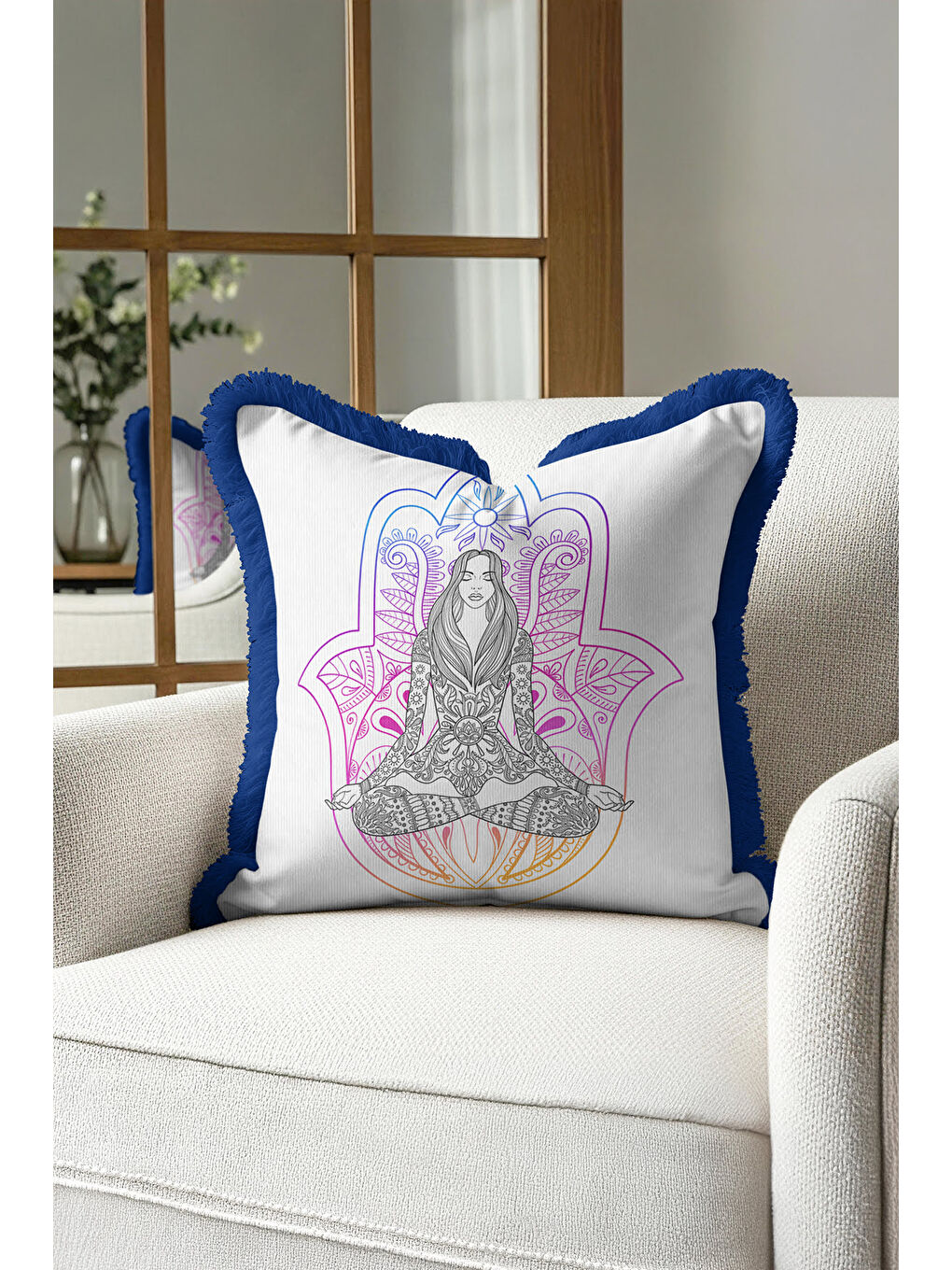 Karışık Mandala Meditasyon Figürlü Saçaklı Yastık Kılıfı - Spiritüel Bohem Mor Mavi Püsküllü Kırlent Kılıfı-3