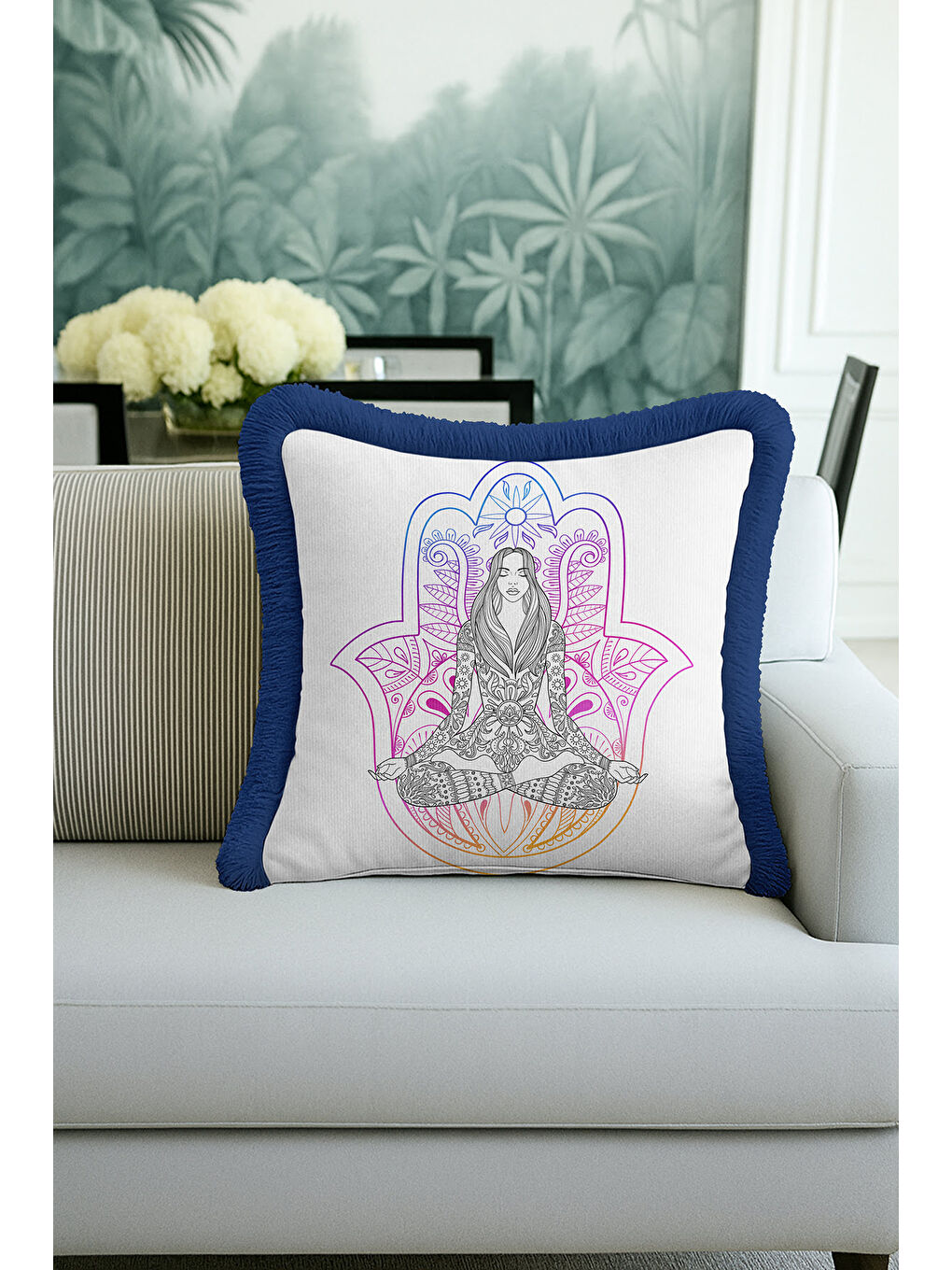 Karışık Mandala Meditasyon Figürlü Saçaklı Yastık Kılıfı - Spiritüel Bohem Mor Mavi Püsküllü Kırlent Kılıfı-4