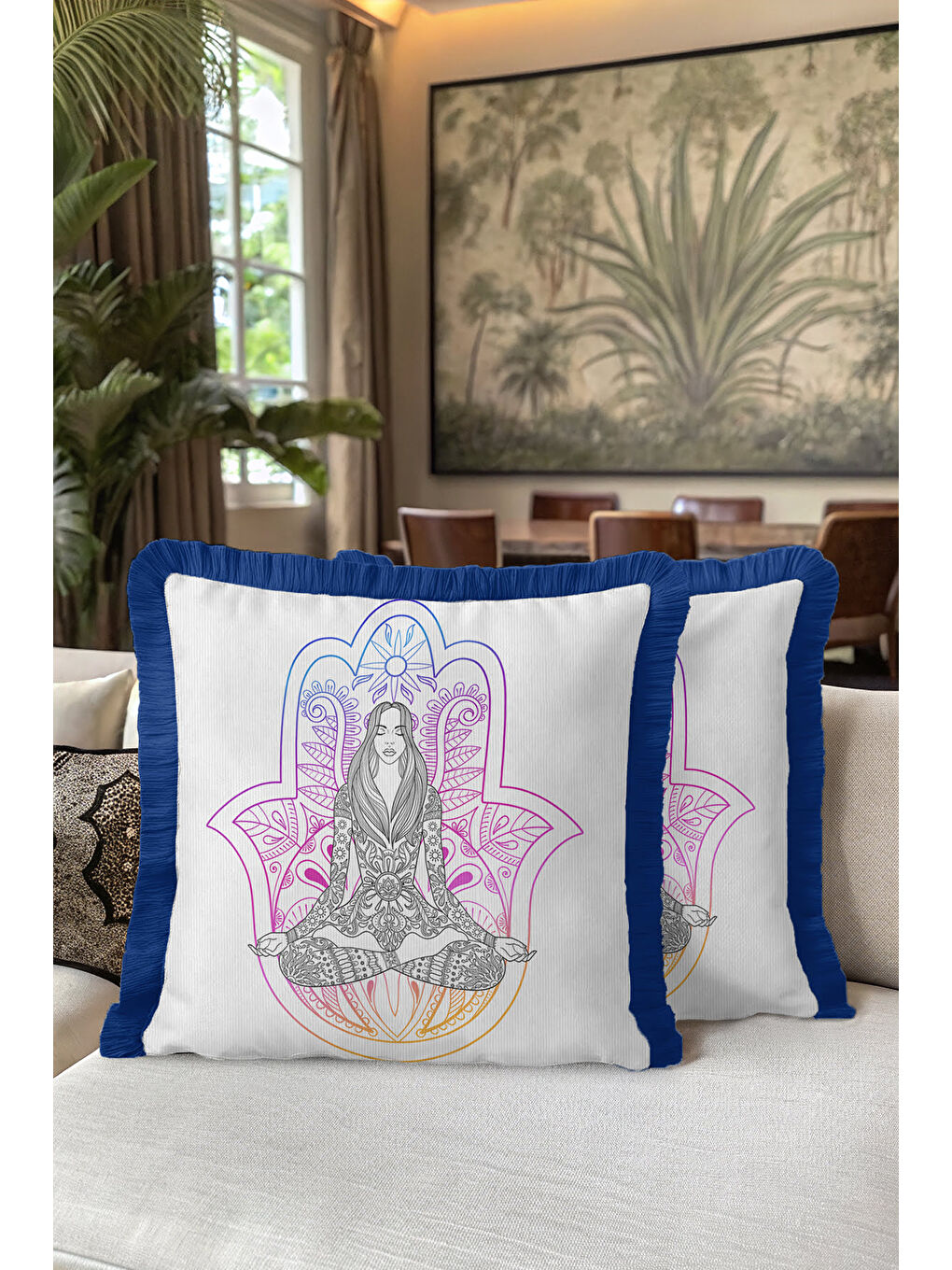 Karışık Mandala Meditasyon Figürlü Saçaklı Yastık Kılıfı - Spiritüel Bohem Mor Mavi Püsküllü Kırlent Kılıfı-5