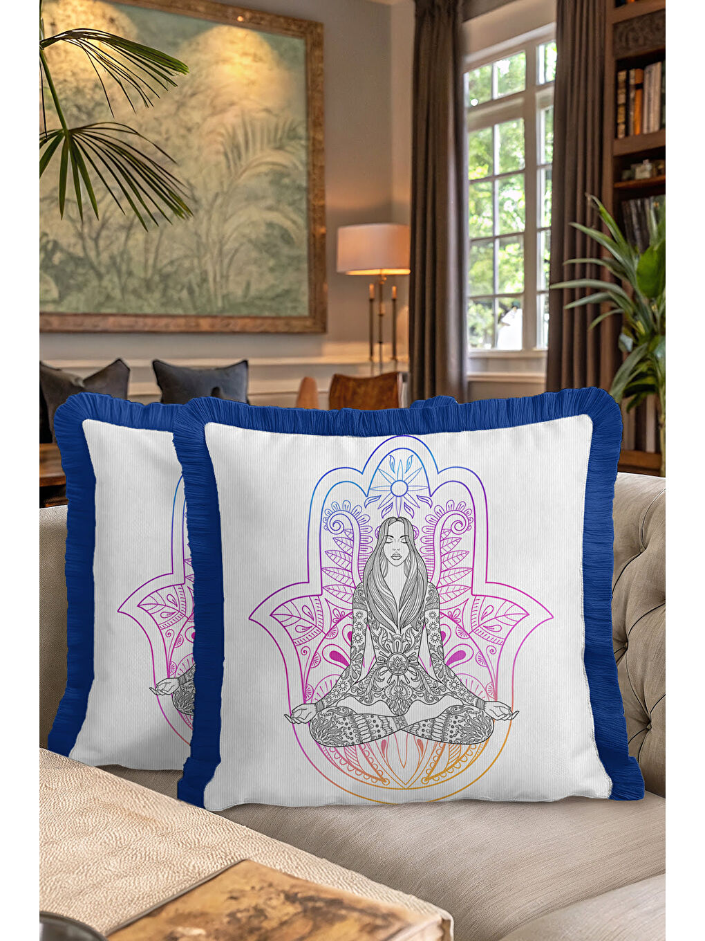 Karışık Mandala Meditasyon Figürlü Saçaklı Yastık Kılıfı - Spiritüel Bohem Mor Mavi Püsküllü Kırlent Kılıfı-7