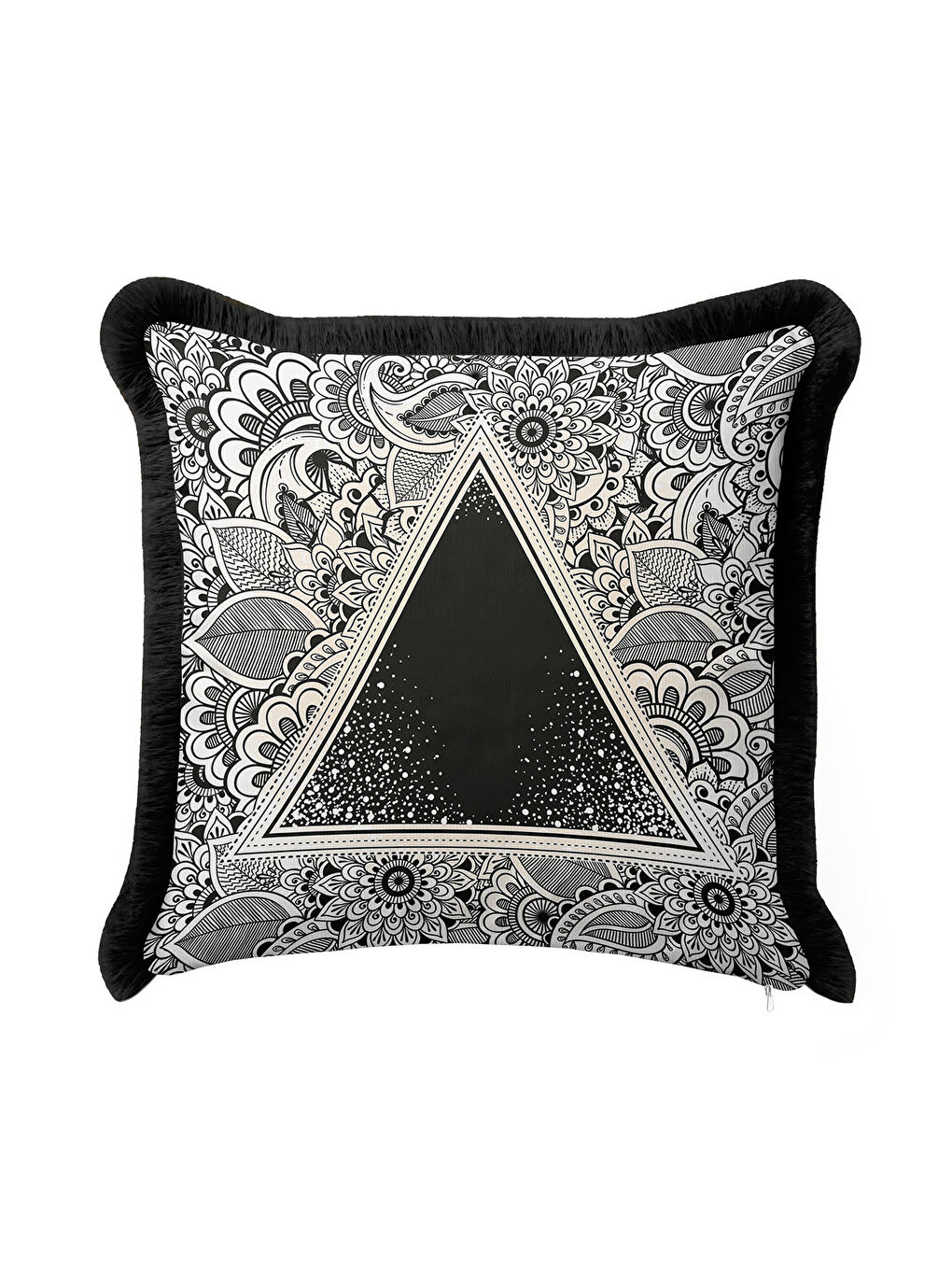 Karışık Mandala Siyah Beyaz Saçaklı Yastık Kılıfı - Geometrik Bohem Siyah Püsküllü Kırlent Kılıfı-1