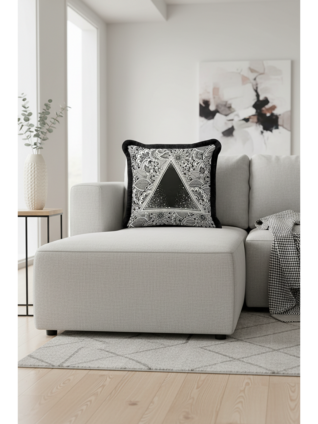 Karışık Mandala Siyah Beyaz Saçaklı Yastık Kılıfı - Geometrik Bohem Siyah Püsküllü Kırlent Kılıfı-2