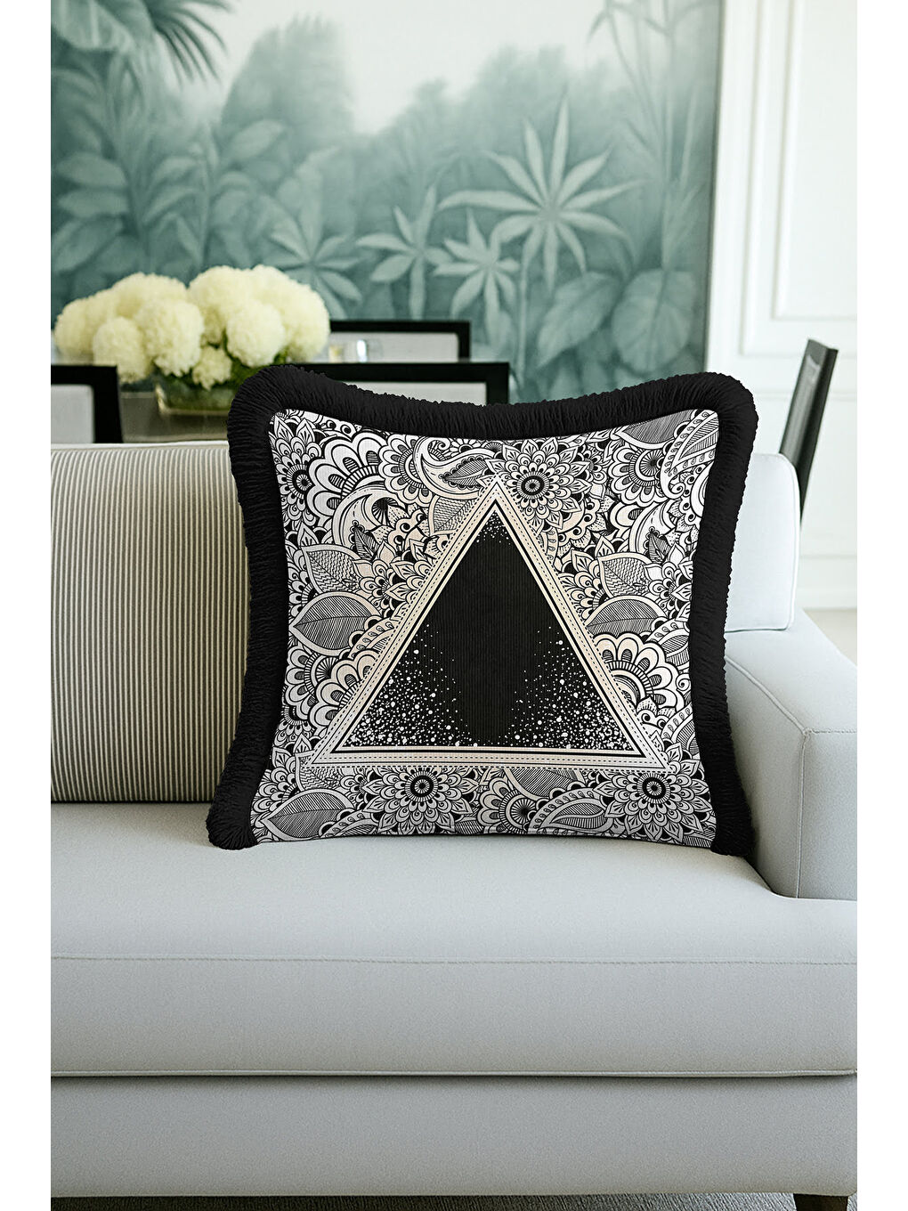 Karışık Mandala Siyah Beyaz Saçaklı Yastık Kılıfı - Geometrik Bohem Siyah Püsküllü Kırlent Kılıfı-3