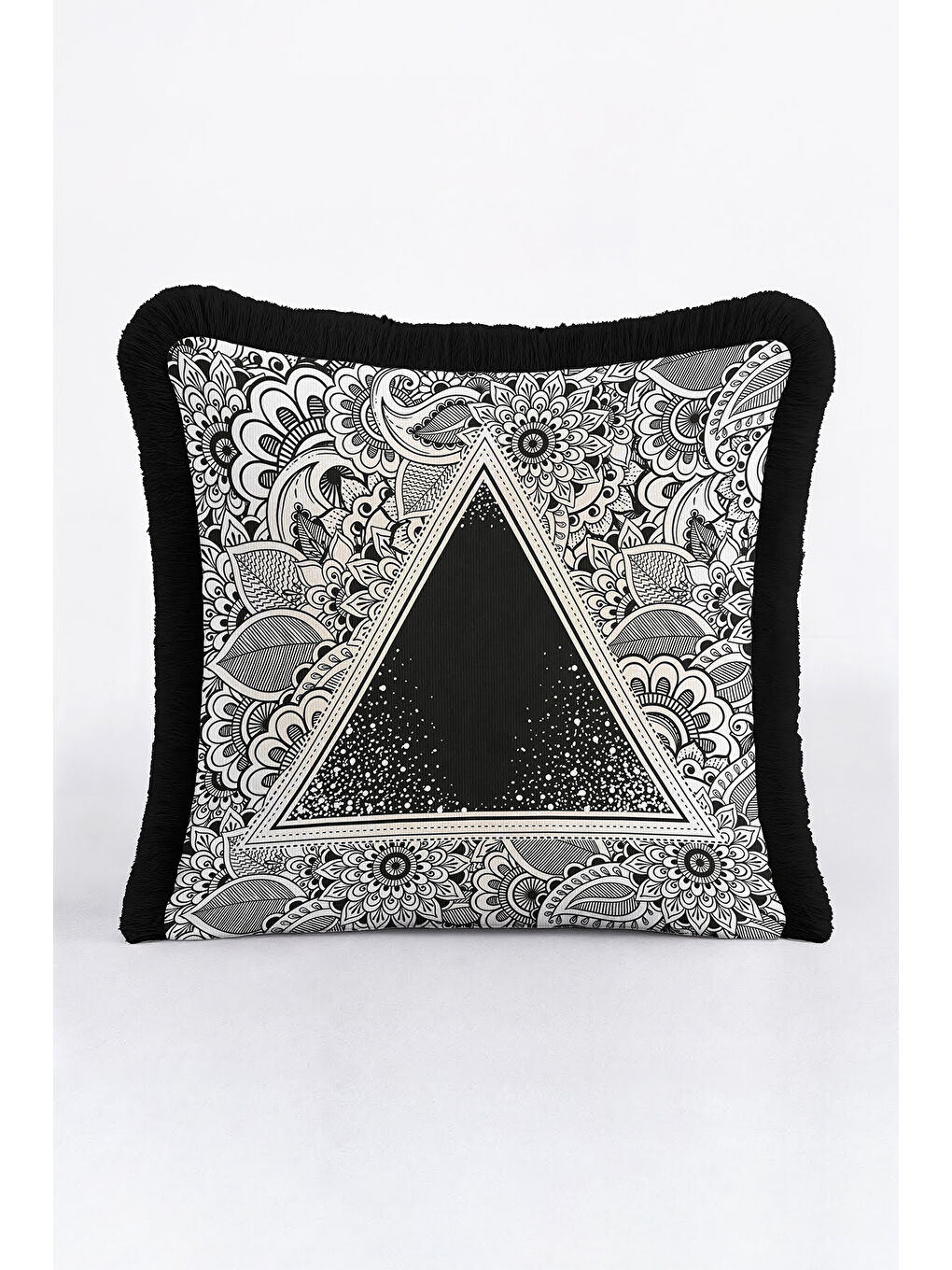 Karışık Mandala Siyah Beyaz Saçaklı Yastık Kılıfı - Geometrik Bohem Siyah Püsküllü Kırlent Kılıfı-4