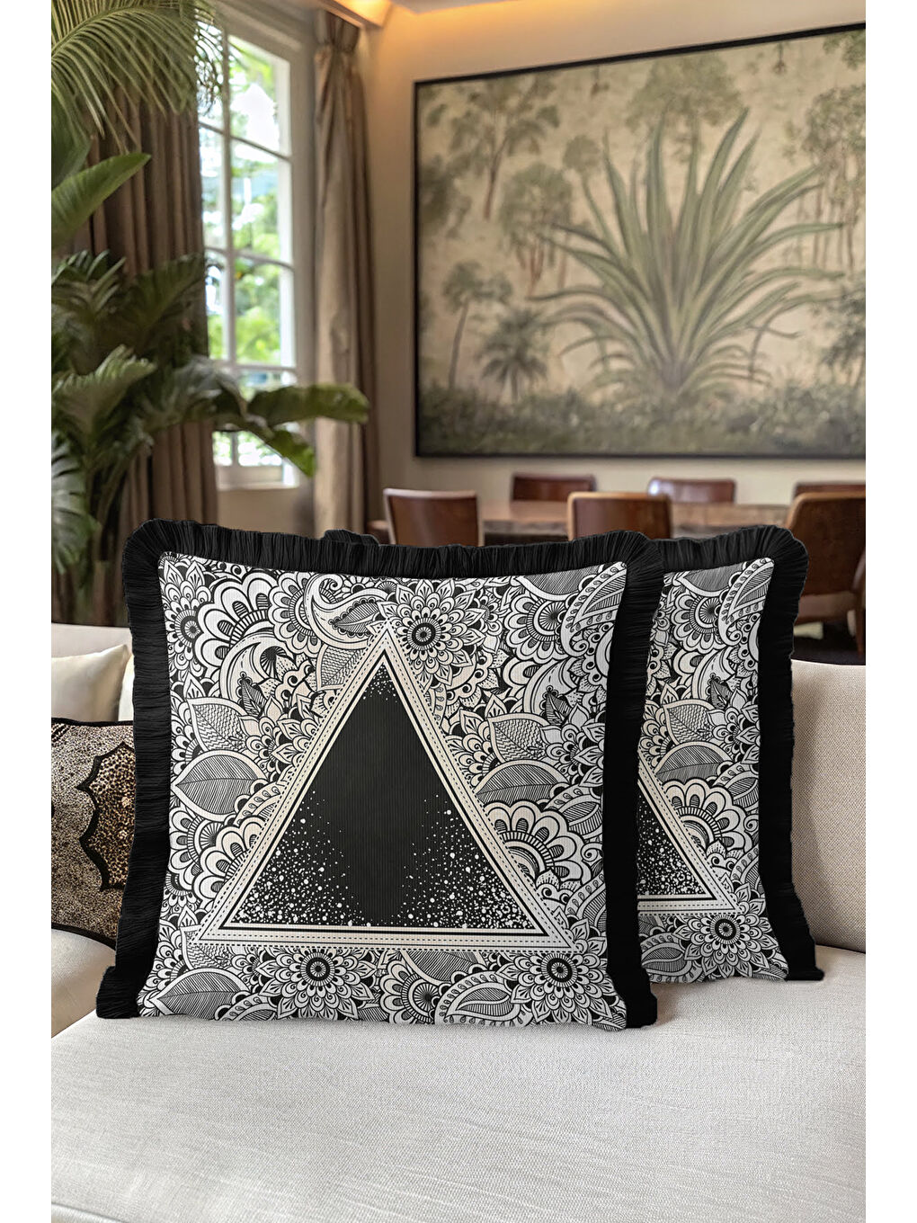 Karışık Mandala Siyah Beyaz Saçaklı Yastık Kılıfı - Geometrik Bohem Siyah Püsküllü Kırlent Kılıfı-5