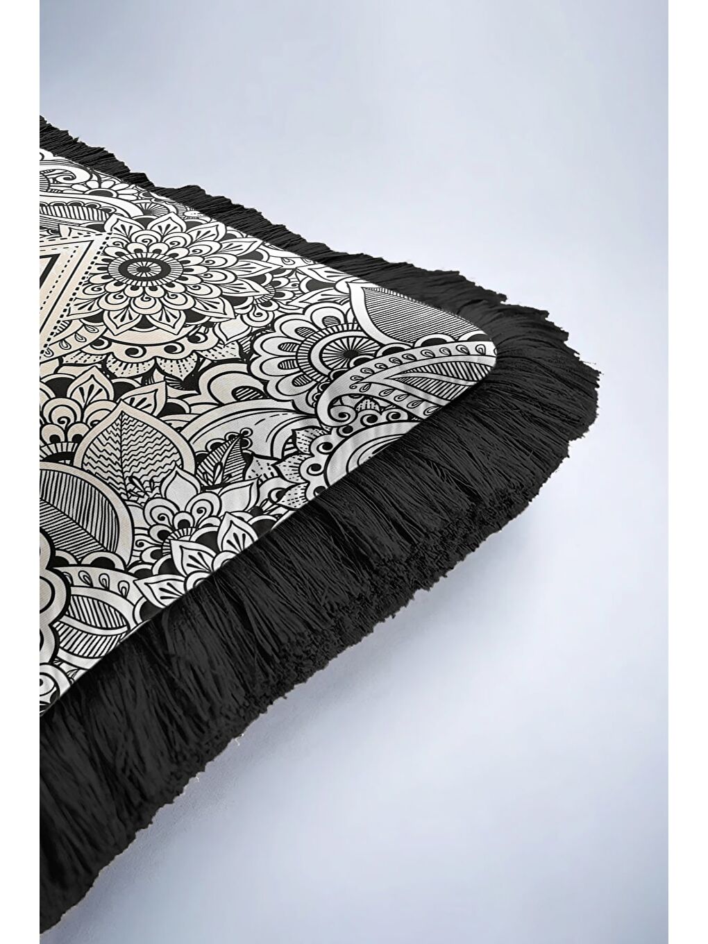 Karışık Mandala Siyah Beyaz Saçaklı Yastık Kılıfı - Geometrik Bohem Siyah Püsküllü Kırlent Kılıfı-6