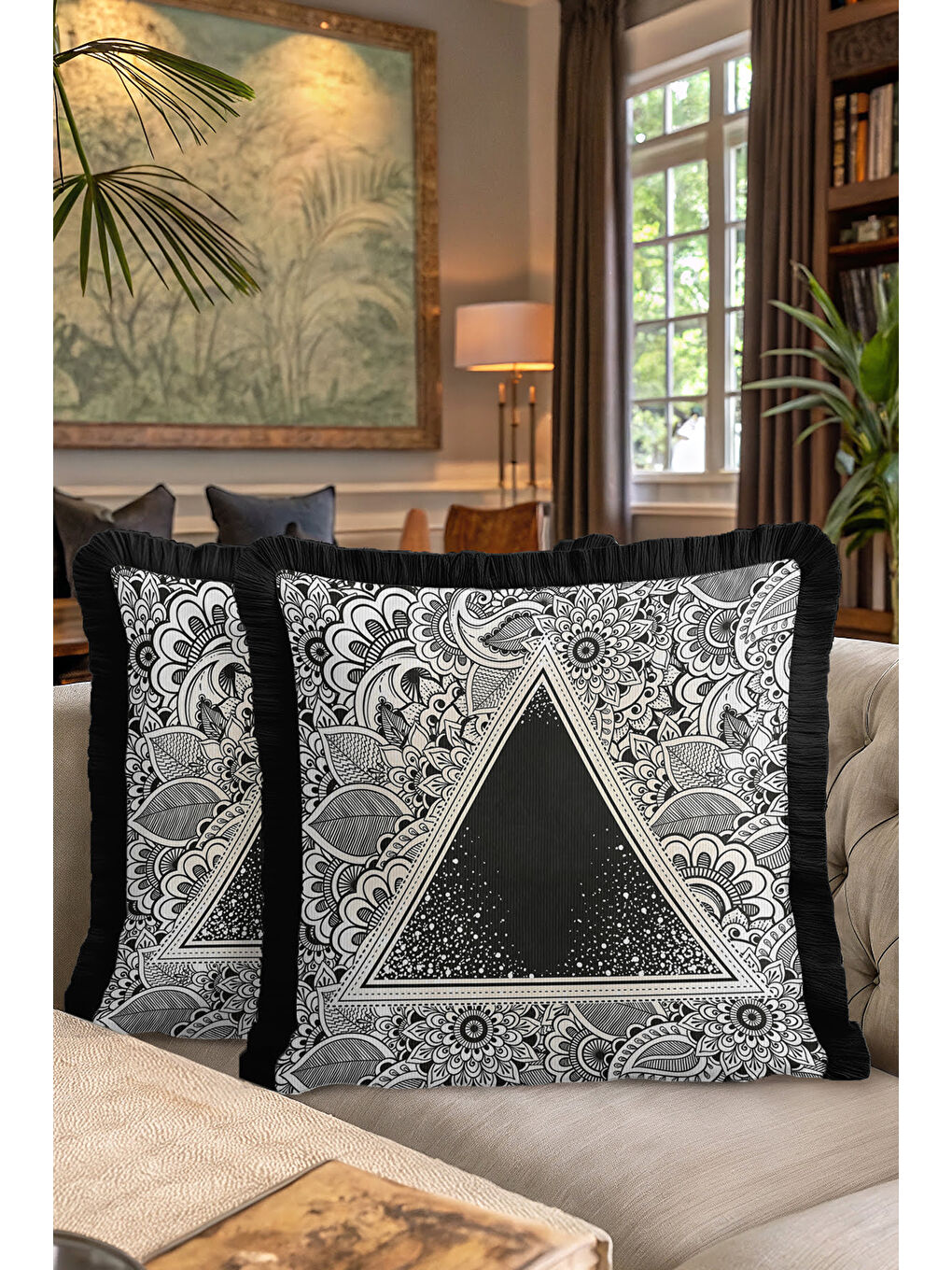 Karışık Mandala Siyah Beyaz Saçaklı Yastık Kılıfı - Geometrik Bohem Siyah Püsküllü Kırlent Kılıfı-7