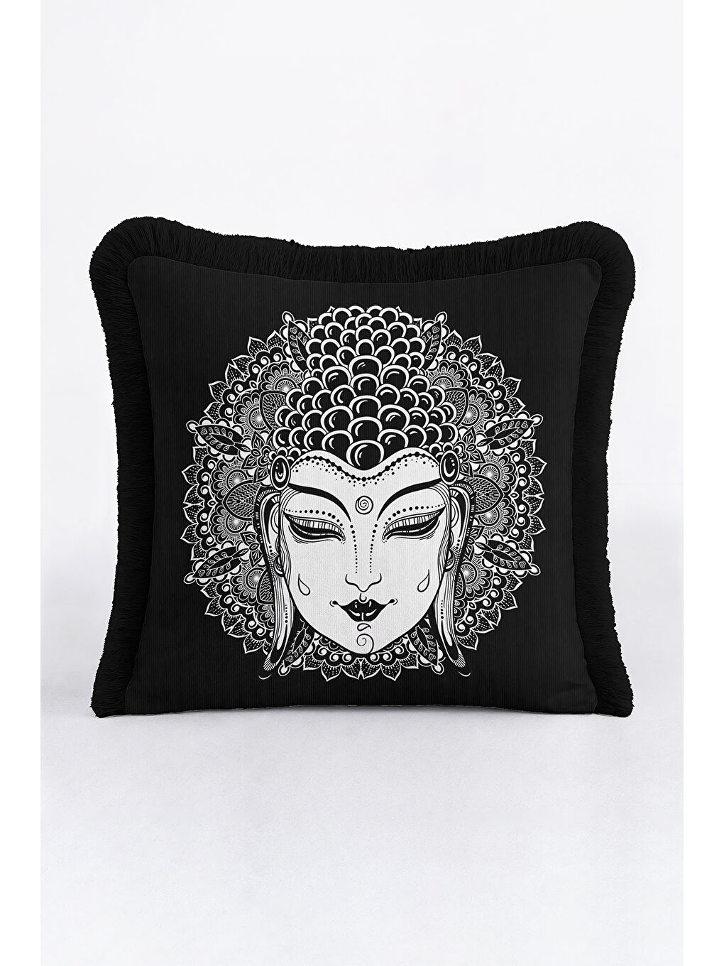 Karışık Mandala İllüstrasyon Saçaklı Yastık Kılıfı - Buda Figürü Bohem Siyah Beyaz Püsküllü Kırlent Kılıfı-1