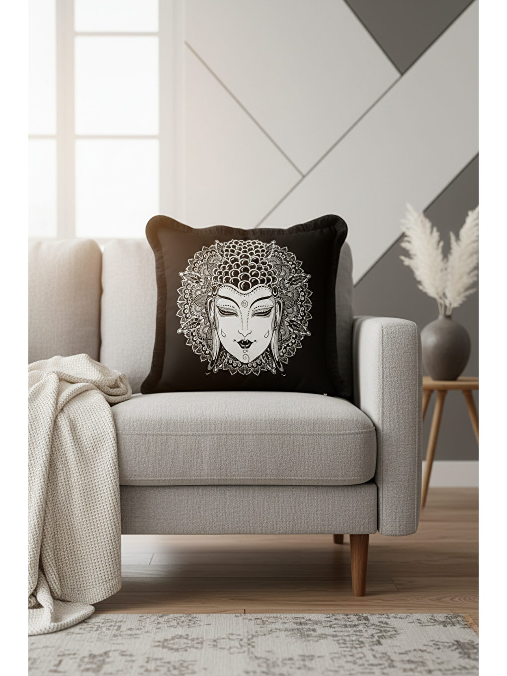 Karışık Mandala İllüstrasyon Saçaklı Yastık Kılıfı - Buda Figürü Bohem Siyah Beyaz Püsküllü Kırlent Kılıfı-2