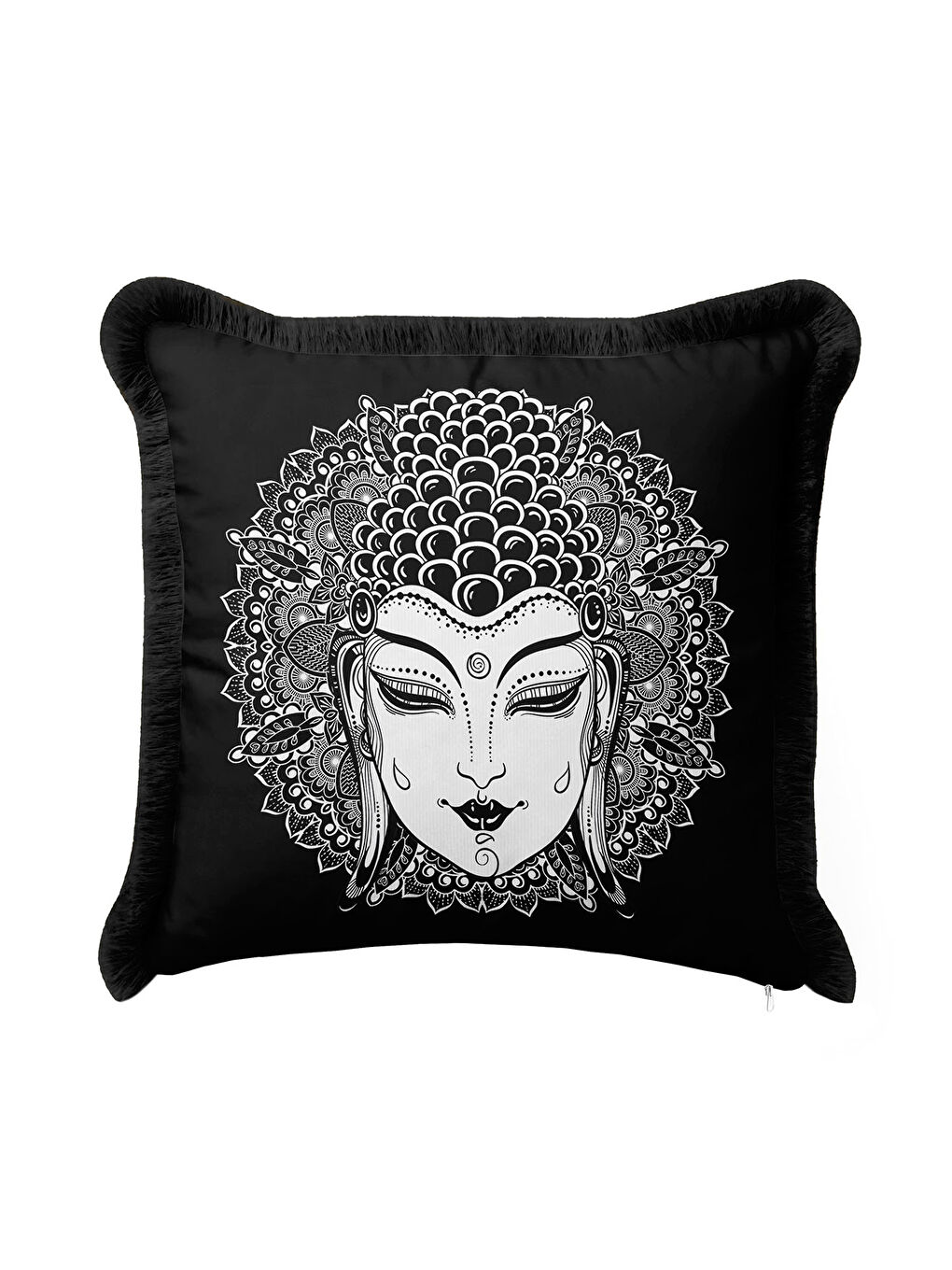 Karışık Mandala İllüstrasyon Saçaklı Yastık Kılıfı - Buda Figürü Bohem Siyah Beyaz Püsküllü Kırlent Kılıfı-3