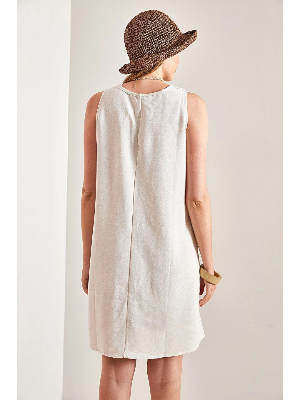 Bej Kadın Sırt Dekolteli Keten Elbise-2