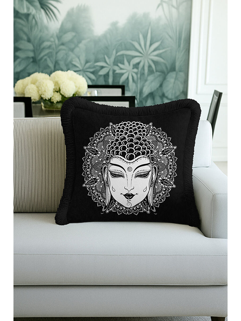 Karışık Mandala İllüstrasyon Saçaklı Yastık Kılıfı - Buda Figürü Bohem Siyah Beyaz Püsküllü Kırlent Kılıfı-4