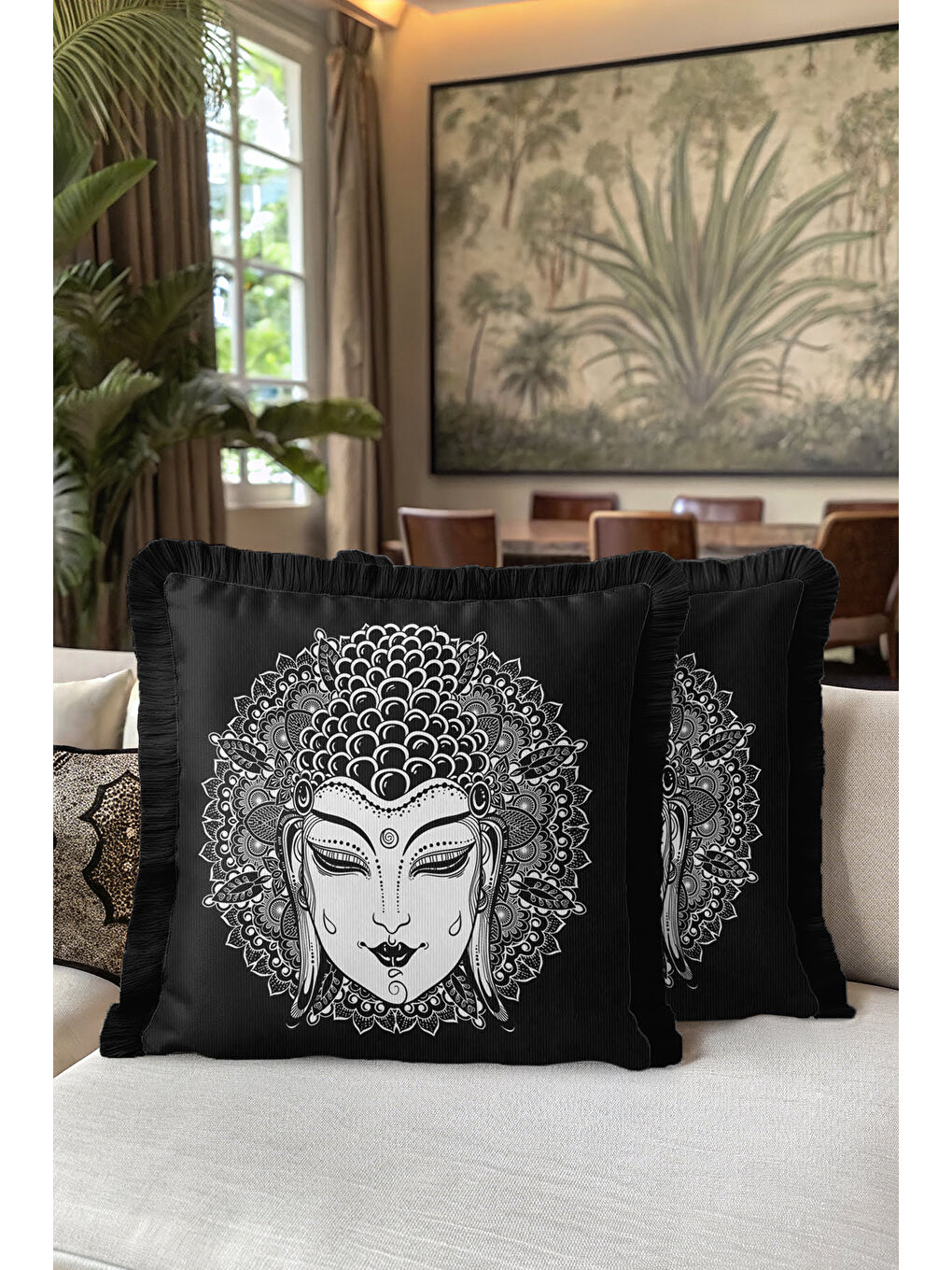Karışık Mandala İllüstrasyon Saçaklı Yastık Kılıfı - Buda Figürü Bohem Siyah Beyaz Püsküllü Kırlent Kılıfı-5