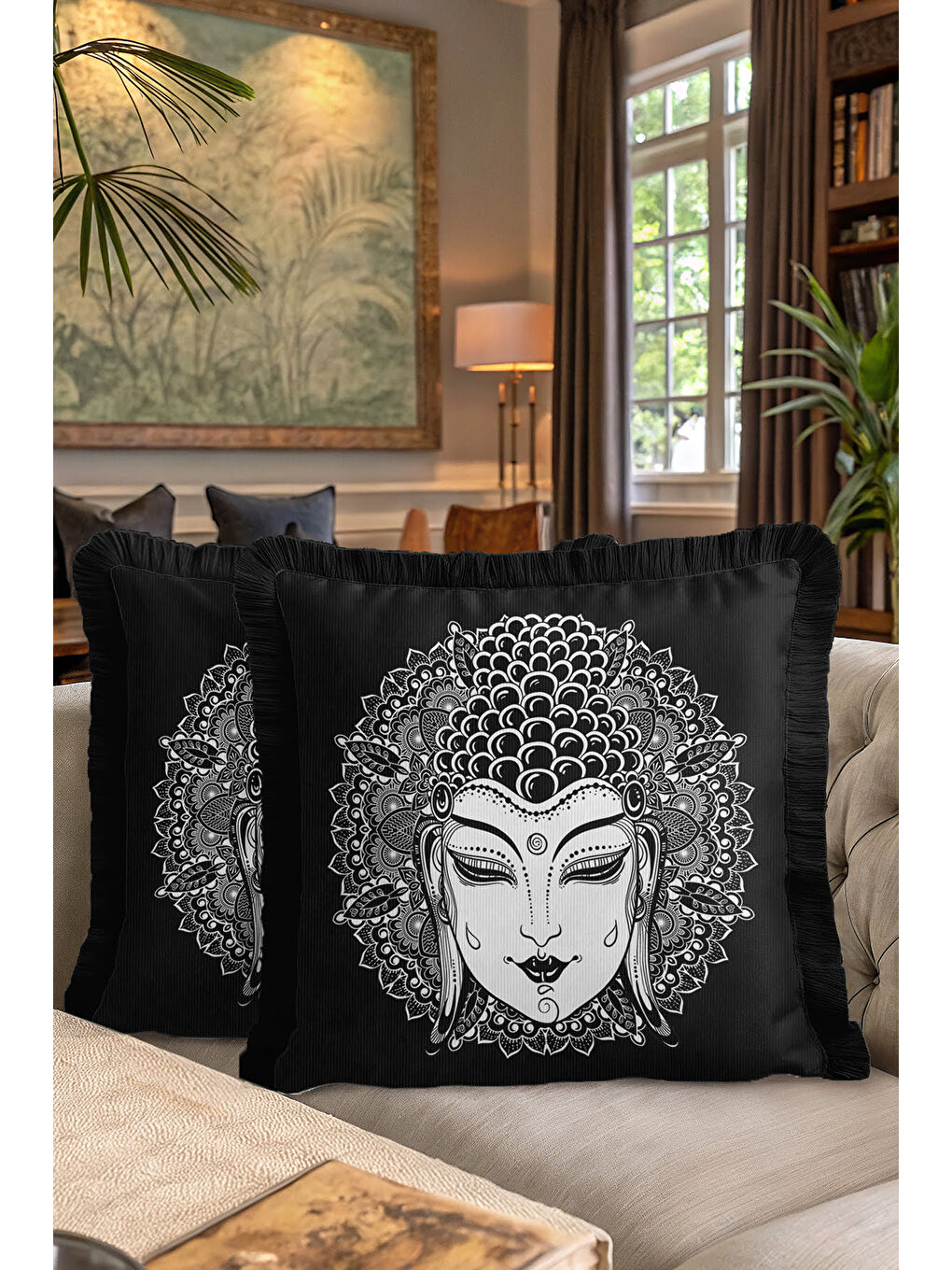Karışık Mandala İllüstrasyon Saçaklı Yastık Kılıfı - Buda Figürü Bohem Siyah Beyaz Püsküllü Kırlent Kılıfı-7
