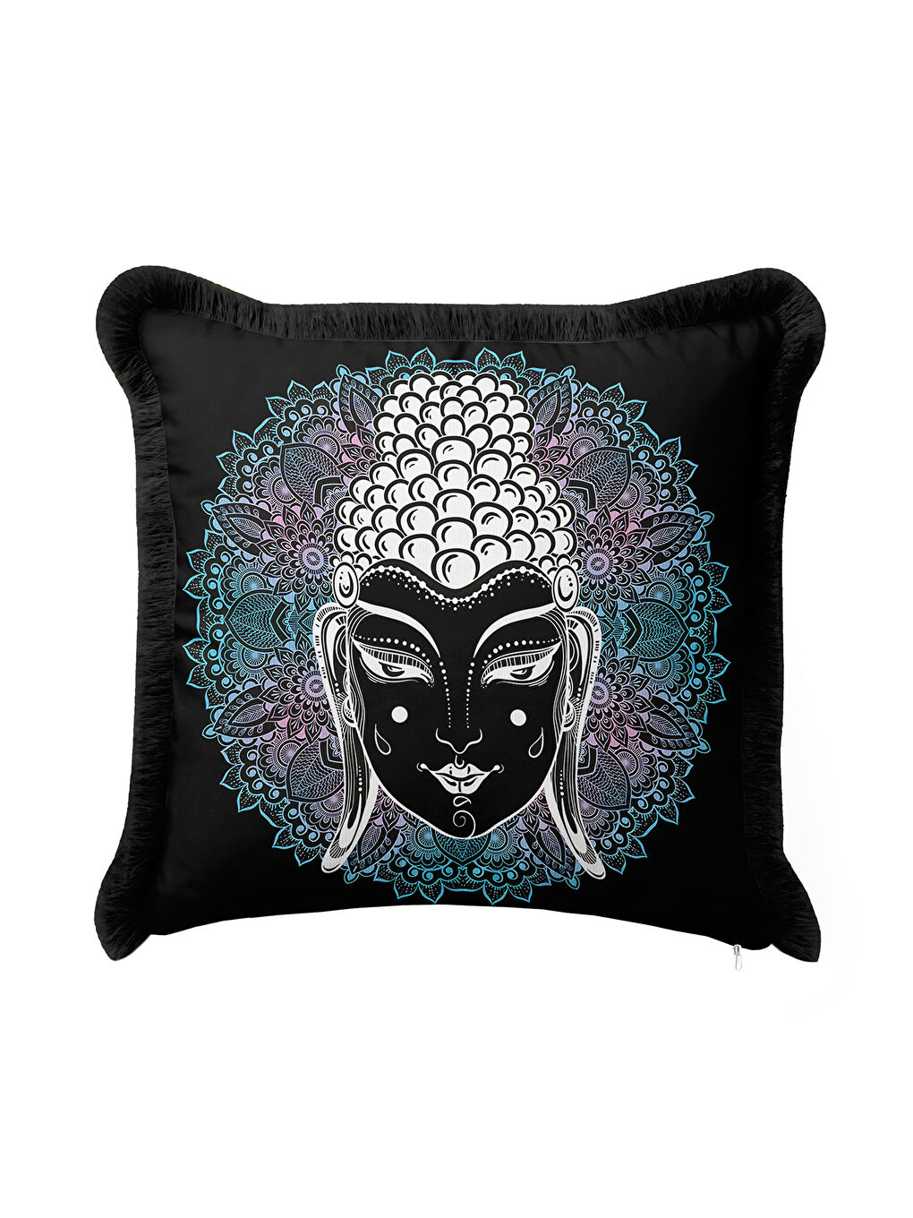 Karışık Mandala Figürlü Saçaklı Yastık Kılıfı - Meditasyon Bohem Enerji Siyah Püsküllü Kırlent Kılıfı