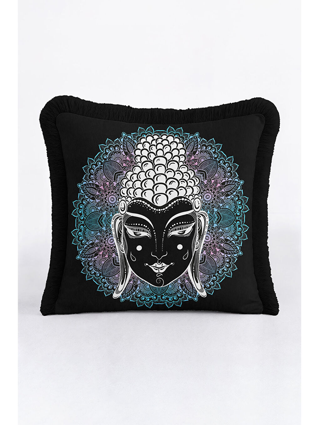 Karışık Mandala Figürlü Saçaklı Yastık Kılıfı - Meditasyon Bohem Enerji Siyah Püsküllü Kırlent Kılıfı-1