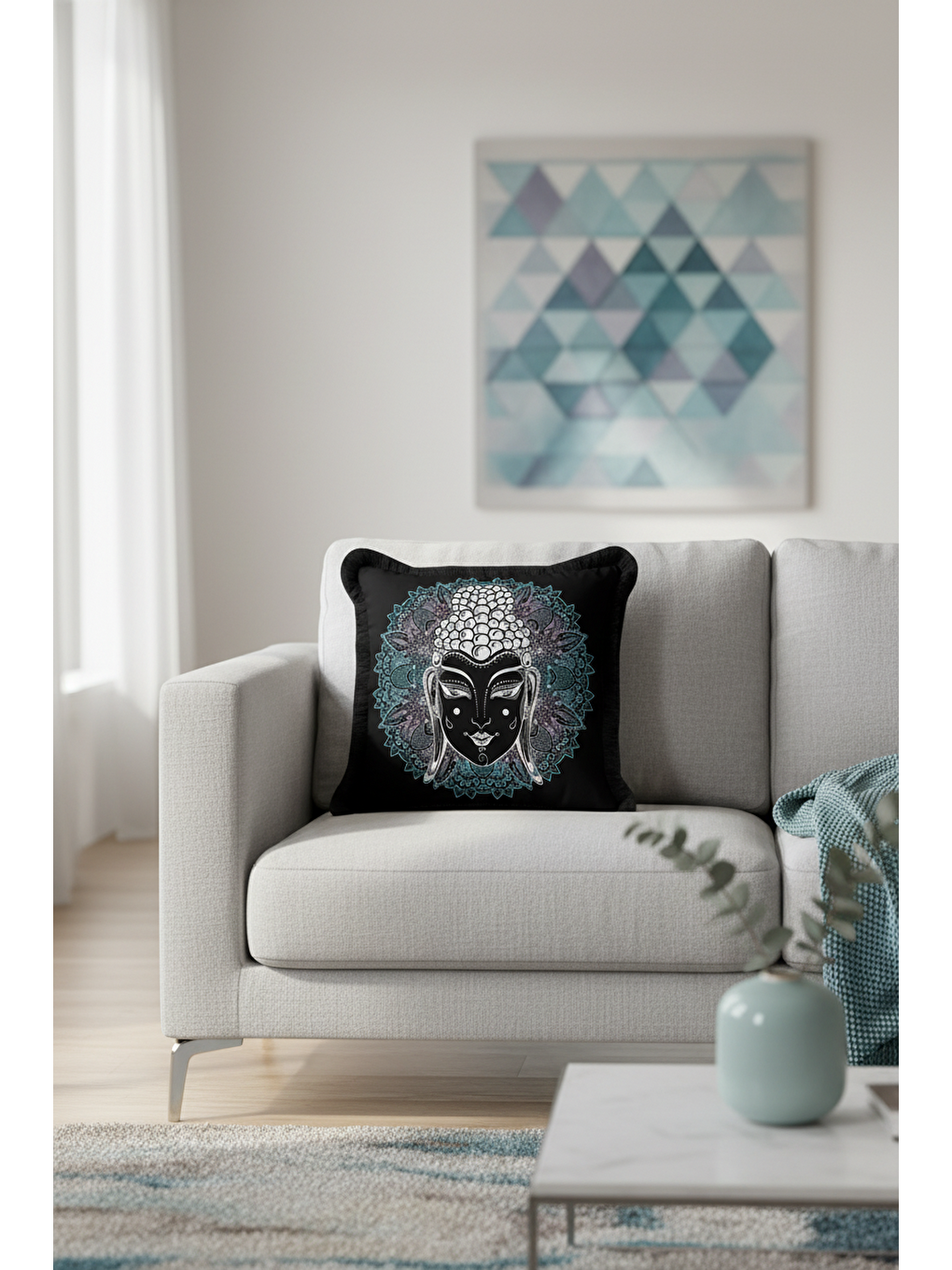 Karışık Mandala Figürlü Saçaklı Yastık Kılıfı - Meditasyon Bohem Enerji Siyah Püsküllü Kırlent Kılıfı-2