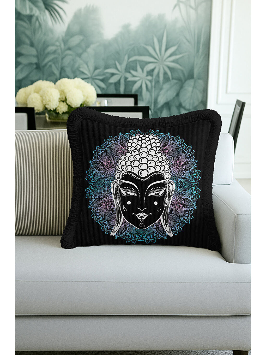 Karışık Mandala Figürlü Saçaklı Yastık Kılıfı - Meditasyon Bohem Enerji Siyah Püsküllü Kırlent Kılıfı-3