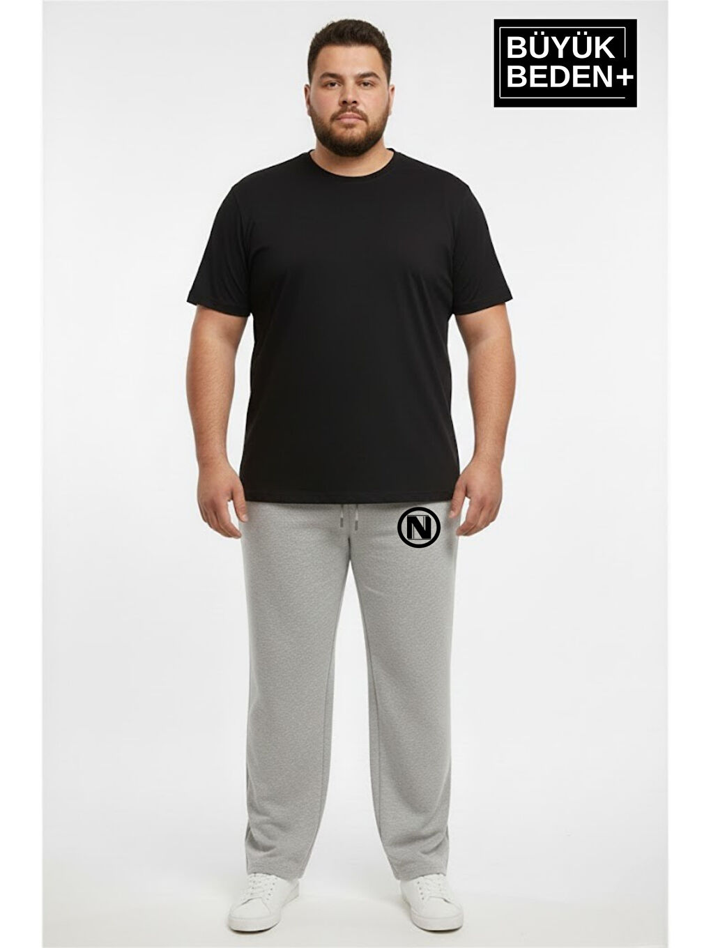 Gri Erkek Büyük Beden N Logo Baskılı Rahat Kesim Paça Reçme ince Eşofman Altı SPR26EA952-4