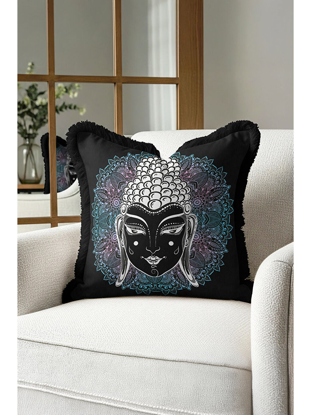 Karışık Mandala Figürlü Saçaklı Yastık Kılıfı - Meditasyon Bohem Enerji Siyah Püsküllü Kırlent Kılıfı-4