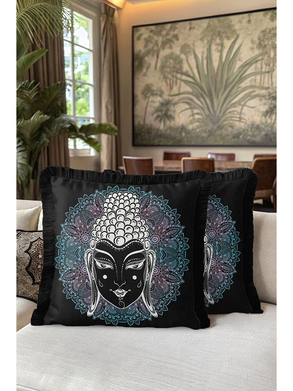 Karışık Mandala Figürlü Saçaklı Yastık Kılıfı - Meditasyon Bohem Enerji Siyah Püsküllü Kırlent Kılıfı-5