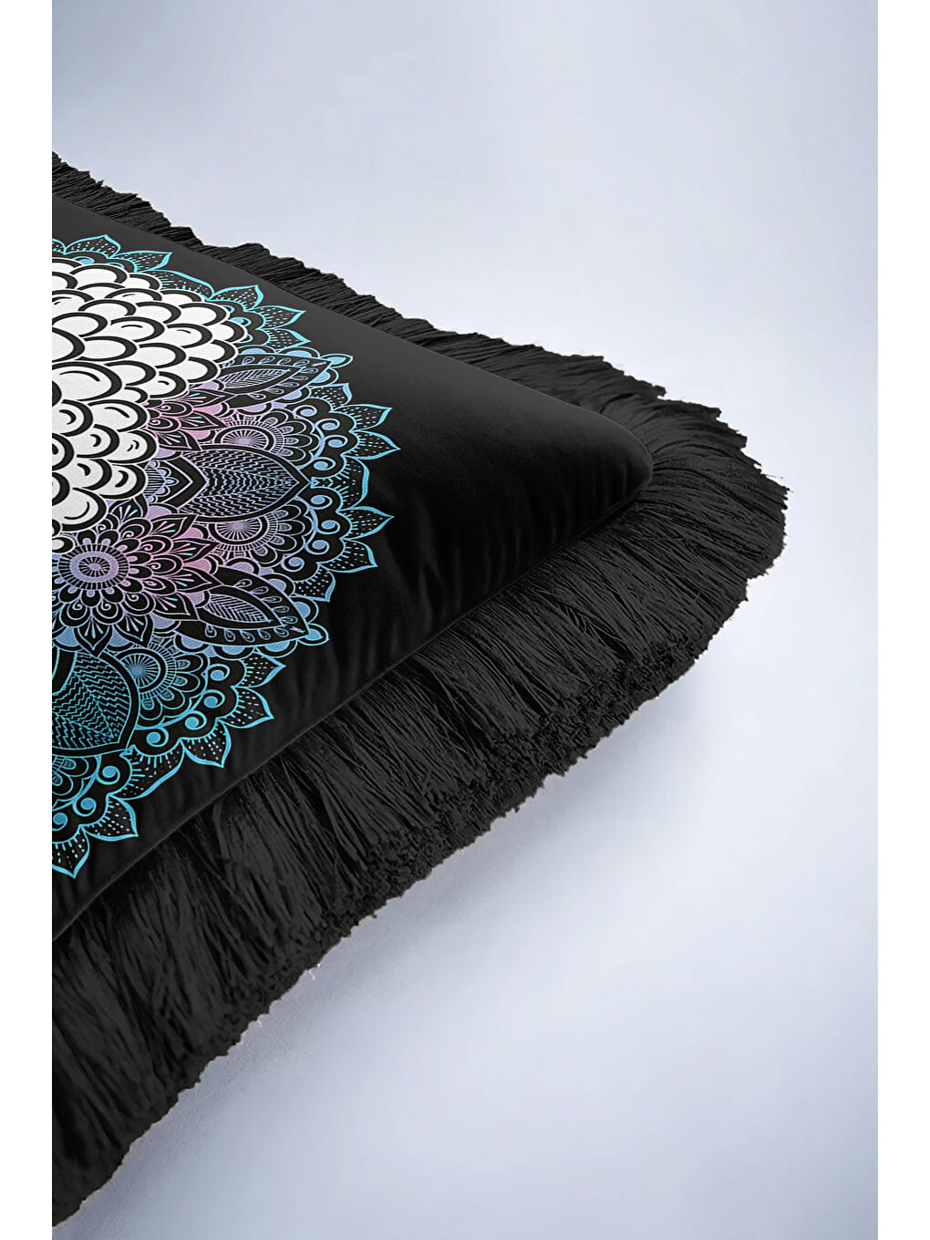 Karışık Mandala Figürlü Saçaklı Yastık Kılıfı - Meditasyon Bohem Enerji Siyah Püsküllü Kırlent Kılıfı-6