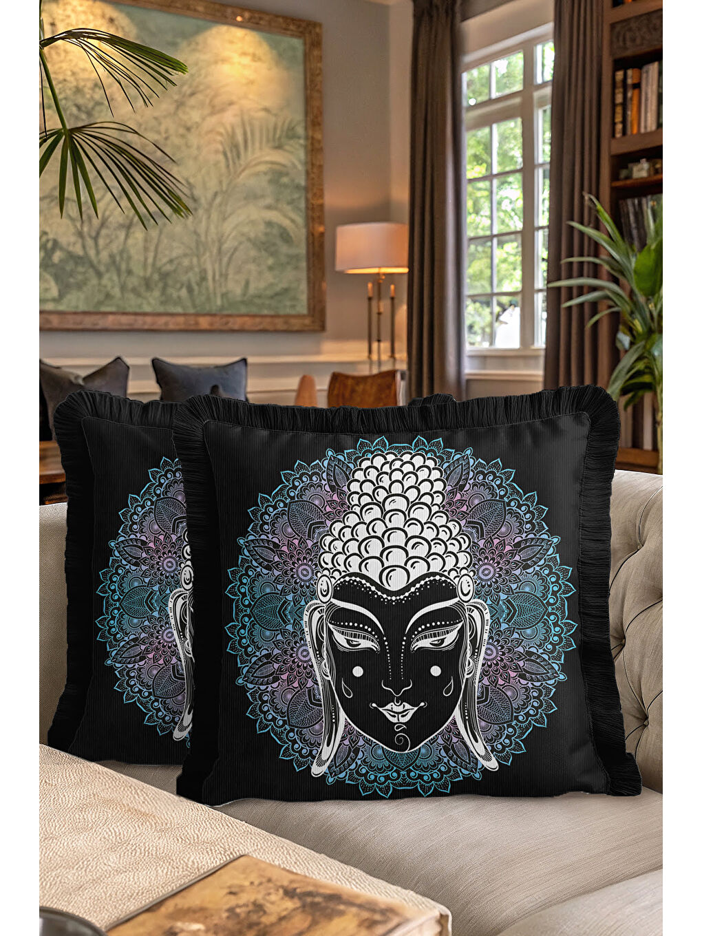 Karışık Mandala Figürlü Saçaklı Yastık Kılıfı - Meditasyon Bohem Enerji Siyah Püsküllü Kırlent Kılıfı-7