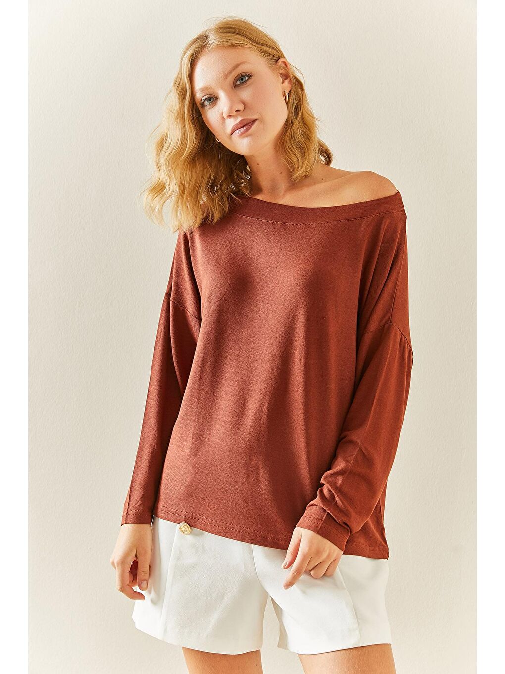 Kahverengi Kayık Yaka Salaş Bluz 3YXK2-47537-18