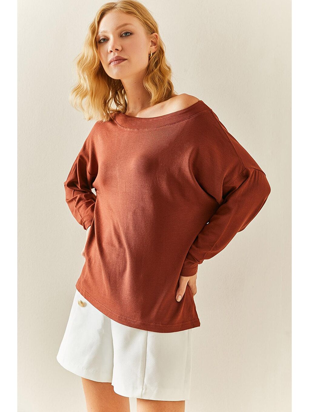 Kahverengi Kayık Yaka Salaş Bluz 3YXK2-47537-18-1