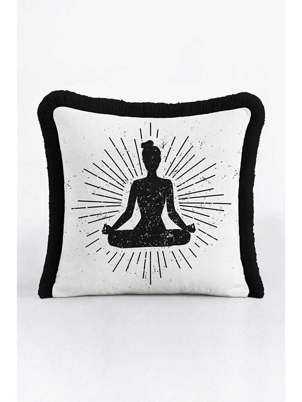 Karışık Meditatif Enerji Saçaklı Yastık Kılıfı - Yoga Temalı Modern Siyah Beyaz Püsküllü Kırlent Kılıfı-1