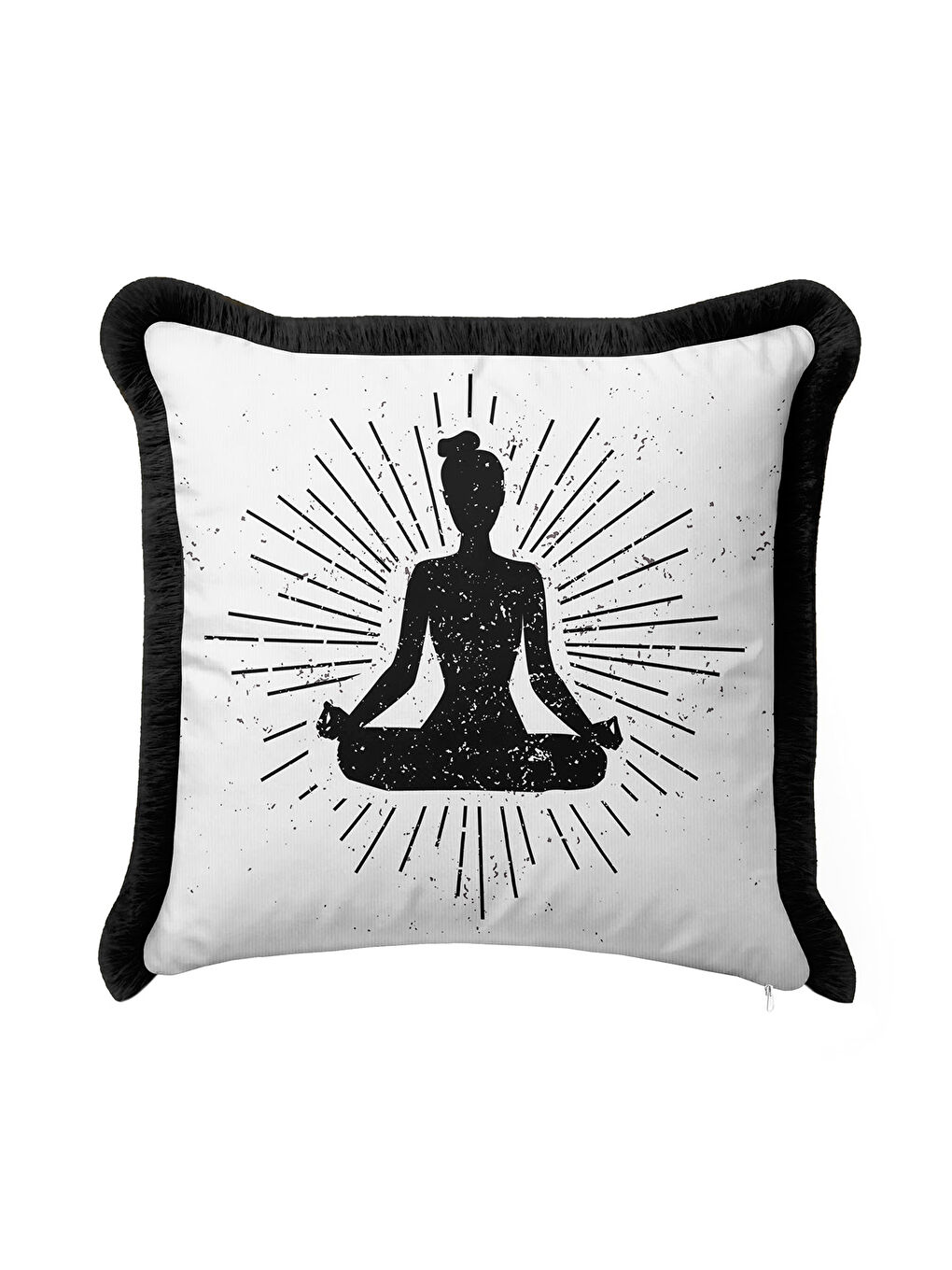 Karışık Meditatif Enerji Saçaklı Yastık Kılıfı - Yoga Temalı Modern Siyah Beyaz Püsküllü Kırlent Kılıfı-2