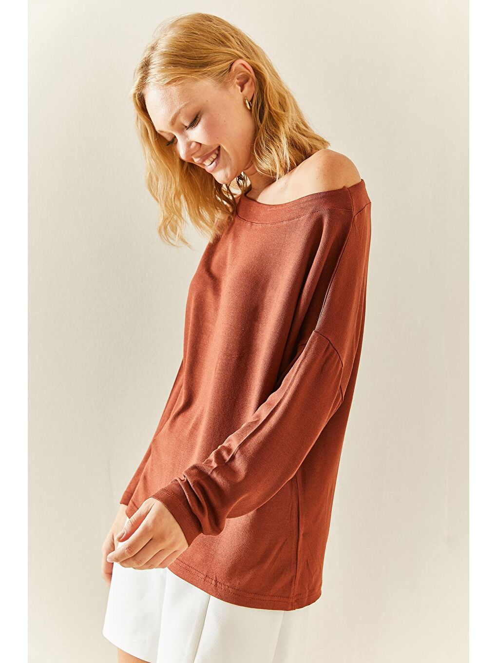 Kahverengi Kayık Yaka Salaş Bluz 3YXK2-47537-18-3