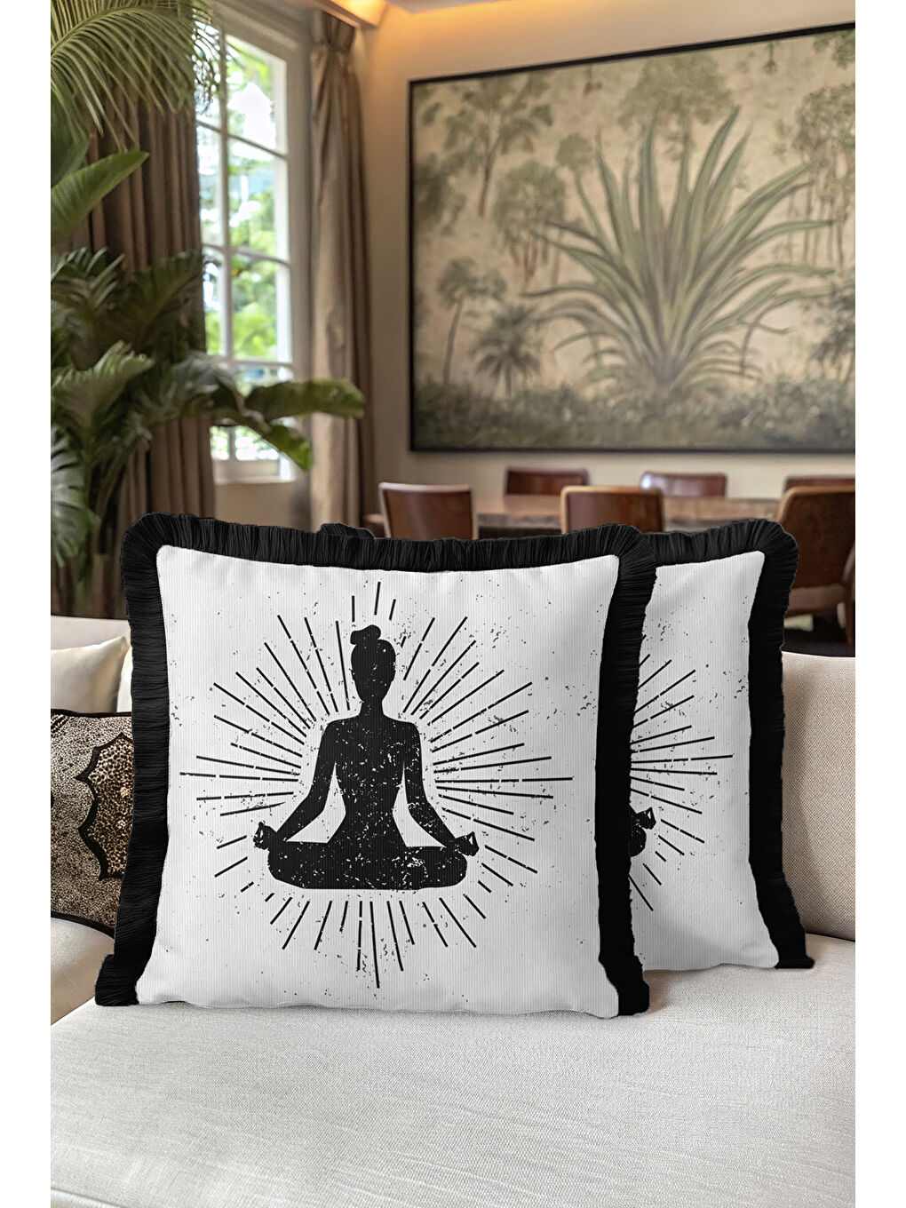 Karışık Meditatif Enerji Saçaklı Yastık Kılıfı - Yoga Temalı Modern Siyah Beyaz Püsküllü Kırlent Kılıfı-5
