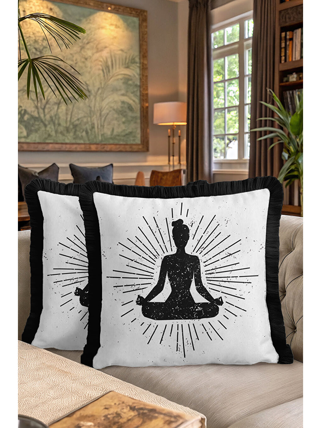 Karışık Meditatif Enerji Saçaklı Yastık Kılıfı - Yoga Temalı Modern Siyah Beyaz Püsküllü Kırlent Kılıfı-7