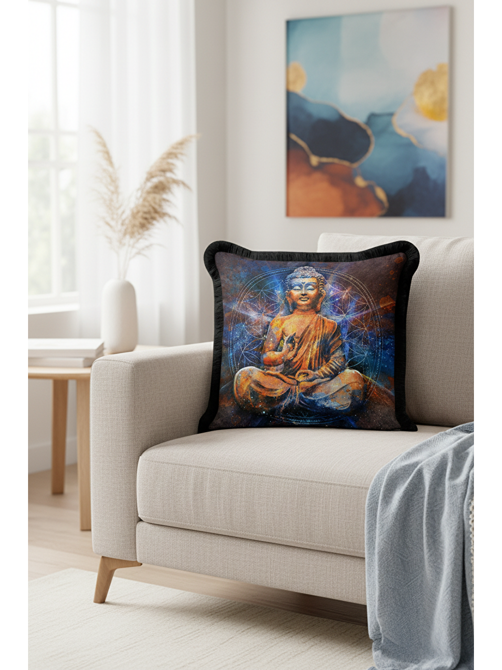 Karışık Galaksi Budha Figürlü Saçaklı Yastık Kılıfı - Meditasyon Bohem Altın Renkli Püsküllü Kırlent Kılıfı