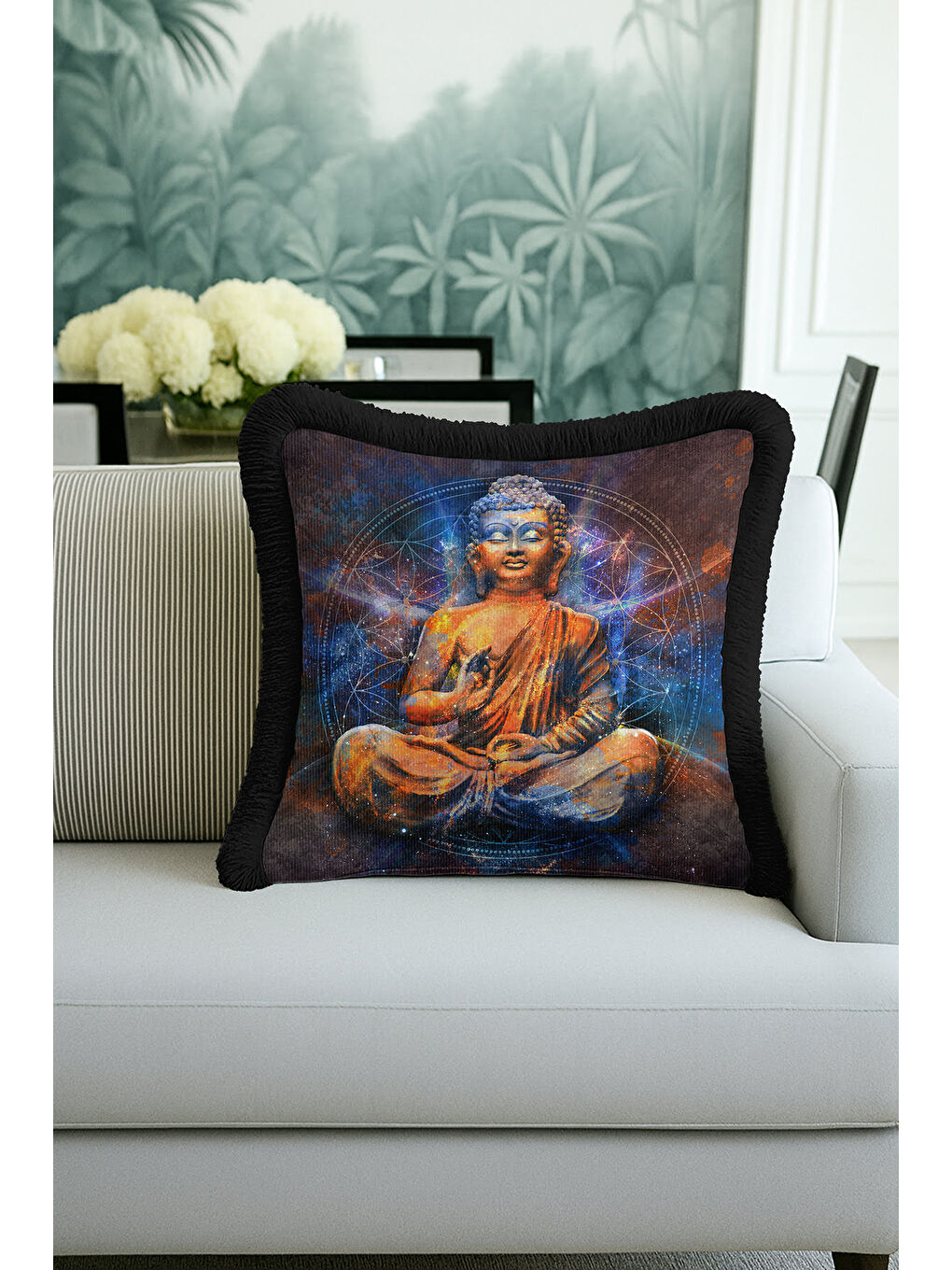 Karışık Galaksi Budha Figürlü Saçaklı Yastık Kılıfı - Meditasyon Bohem Altın Renkli Püsküllü Kırlent Kılıfı-1