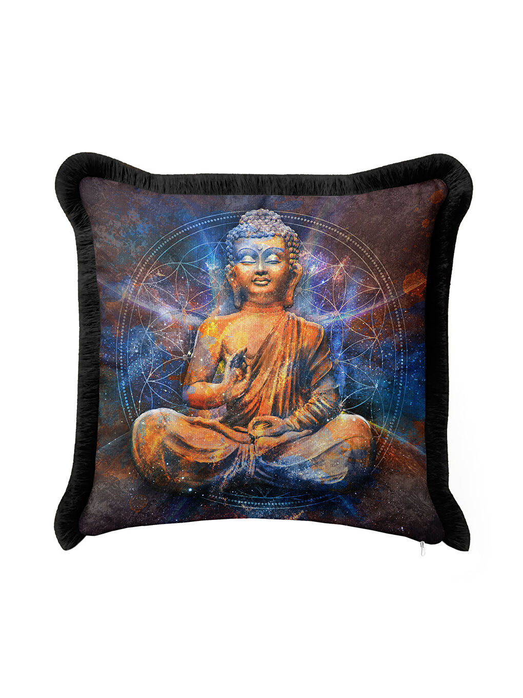 Karışık Galaksi Budha Figürlü Saçaklı Yastık Kılıfı - Meditasyon Bohem Altın Renkli Püsküllü Kırlent Kılıfı-2
