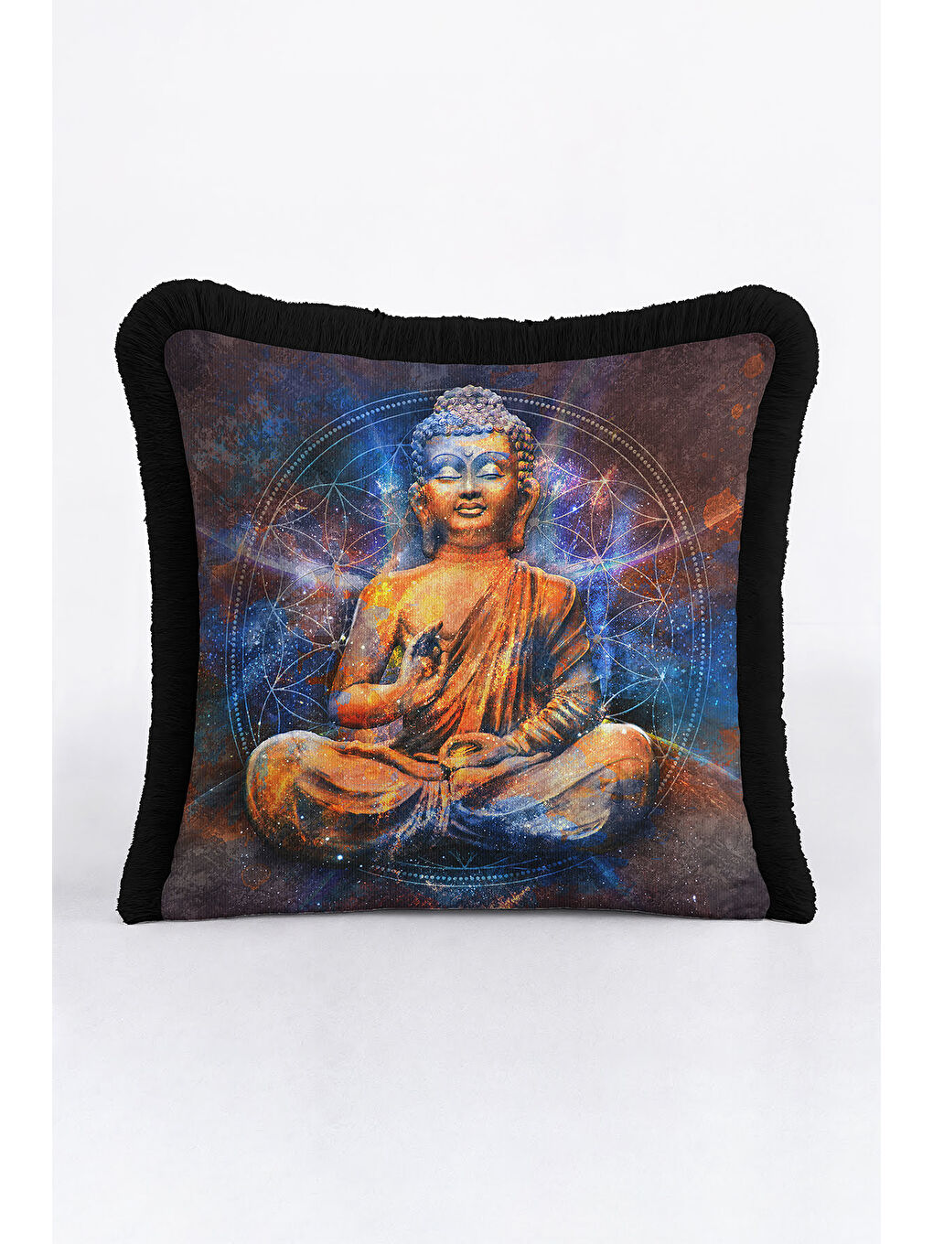 Karışık Galaksi Budha Figürlü Saçaklı Yastık Kılıfı - Meditasyon Bohem Altın Renkli Püsküllü Kırlent Kılıfı-3