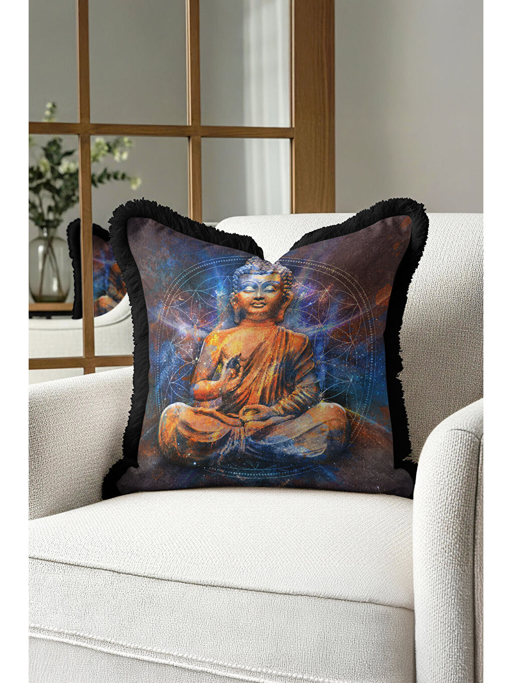 Karışık Galaksi Budha Figürlü Saçaklı Yastık Kılıfı - Meditasyon Bohem Altın Renkli Püsküllü Kırlent Kılıfı-4