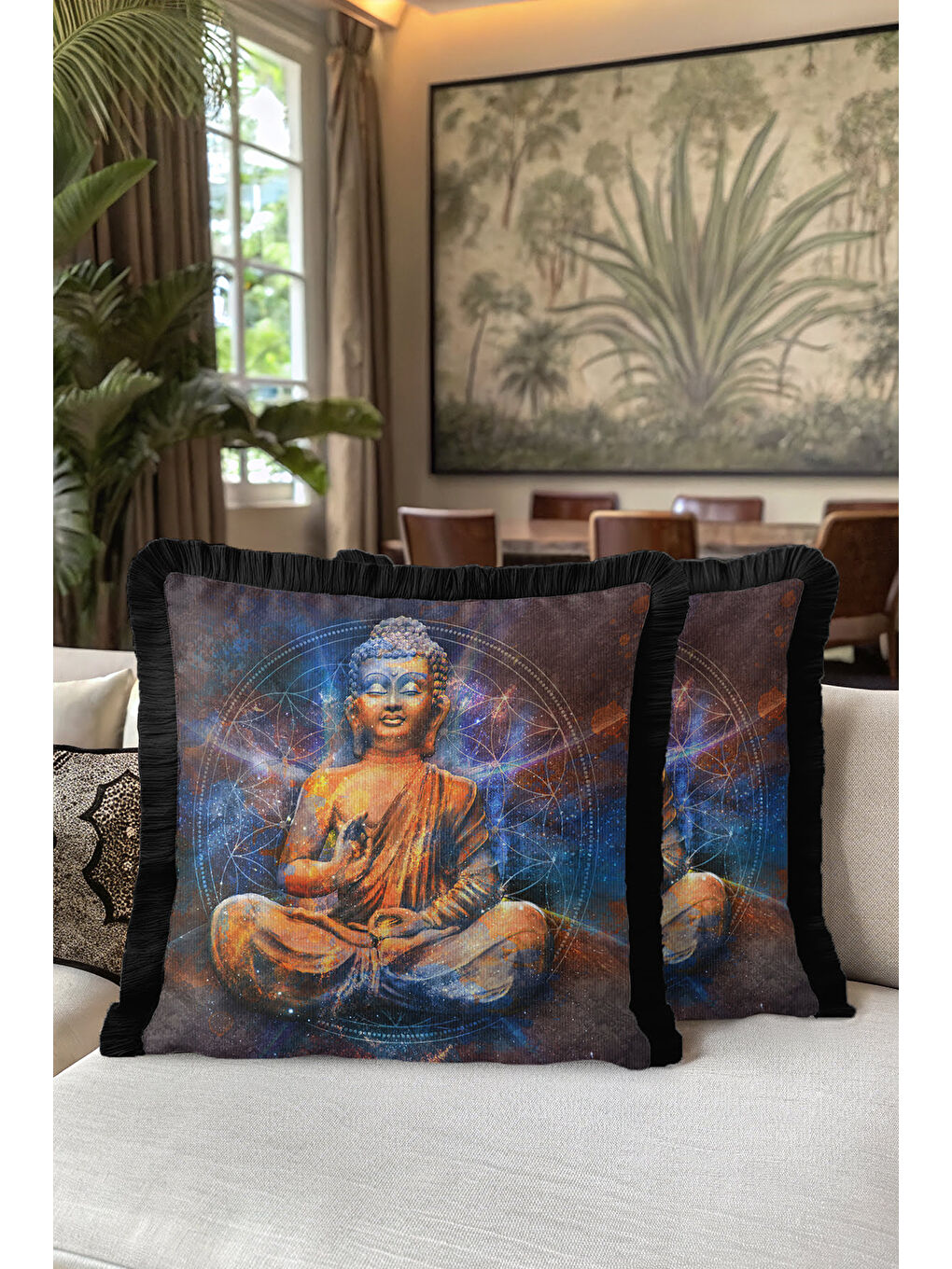 Karışık Galaksi Budha Figürlü Saçaklı Yastık Kılıfı - Meditasyon Bohem Altın Renkli Püsküllü Kırlent Kılıfı-5