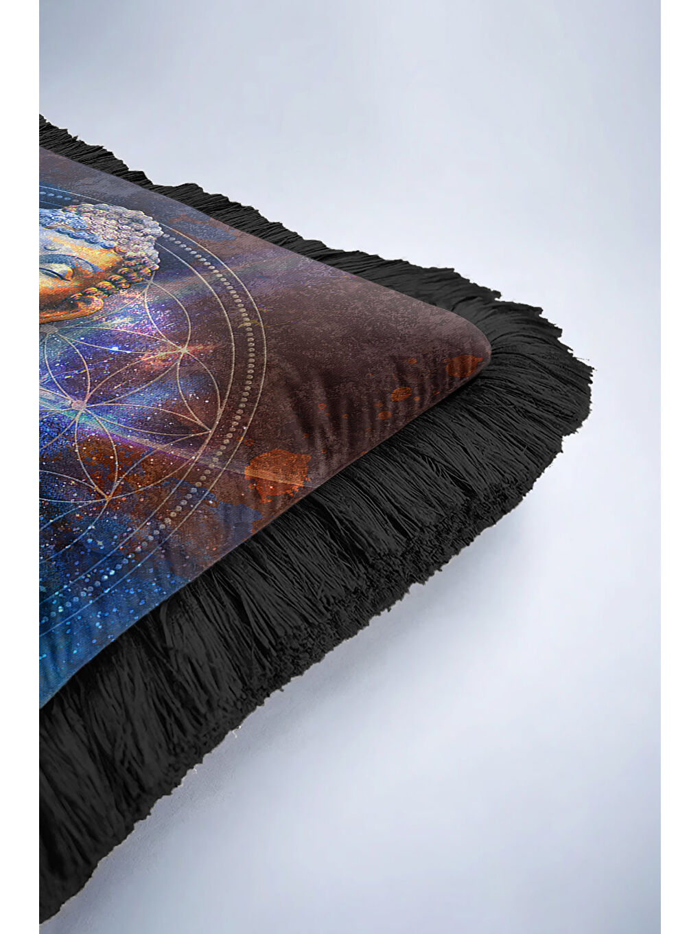 Karışık Galaksi Budha Figürlü Saçaklı Yastık Kılıfı - Meditasyon Bohem Altın Renkli Püsküllü Kırlent Kılıfı-6