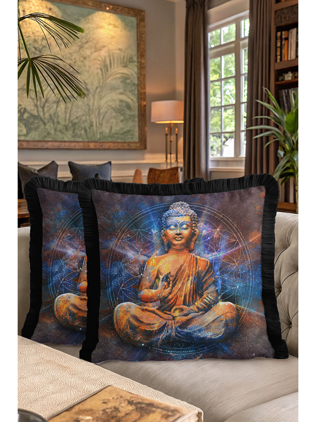 Karışık Galaksi Budha Figürlü Saçaklı Yastık Kılıfı - Meditasyon Bohem Altın Renkli Püsküllü Kırlent Kılıfı-7