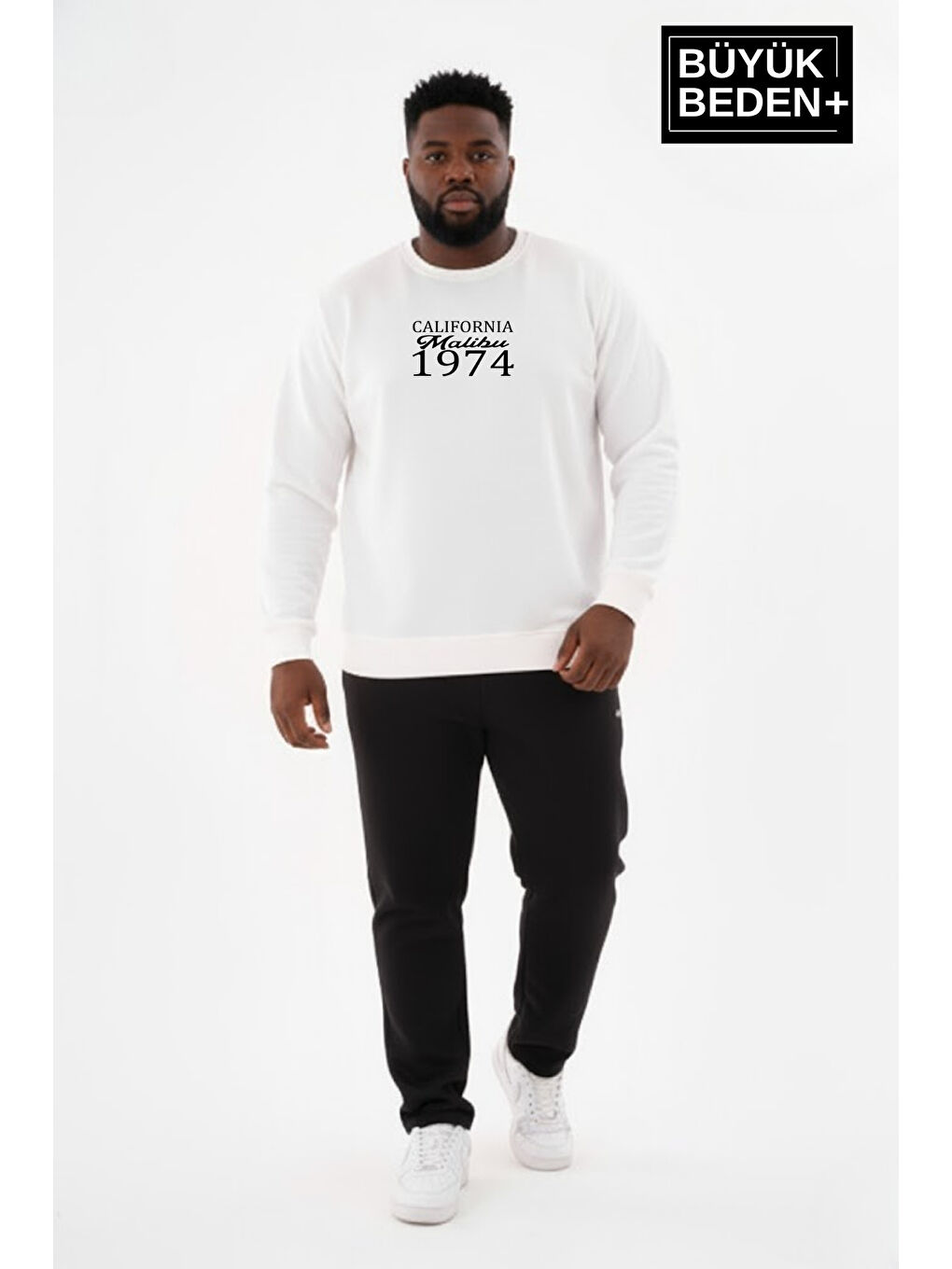 Ekru Erkek Büyük Beden California 1974 Baskılı Bisilet Yaka İnce Sweatshirt SPR26BSW956-2
