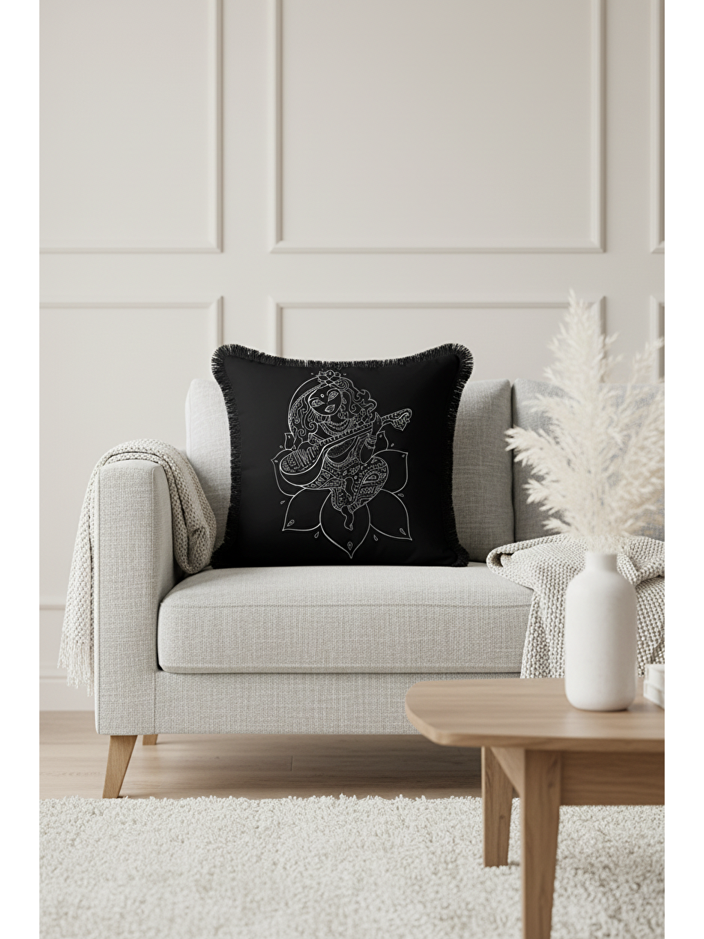 Karışık Mistisizmin Işıltısı Saçaklı Yastık Kılıfı - Spiritüel Sanat Bohem Siyah Püsküllü Kırlent Kılıfı-1