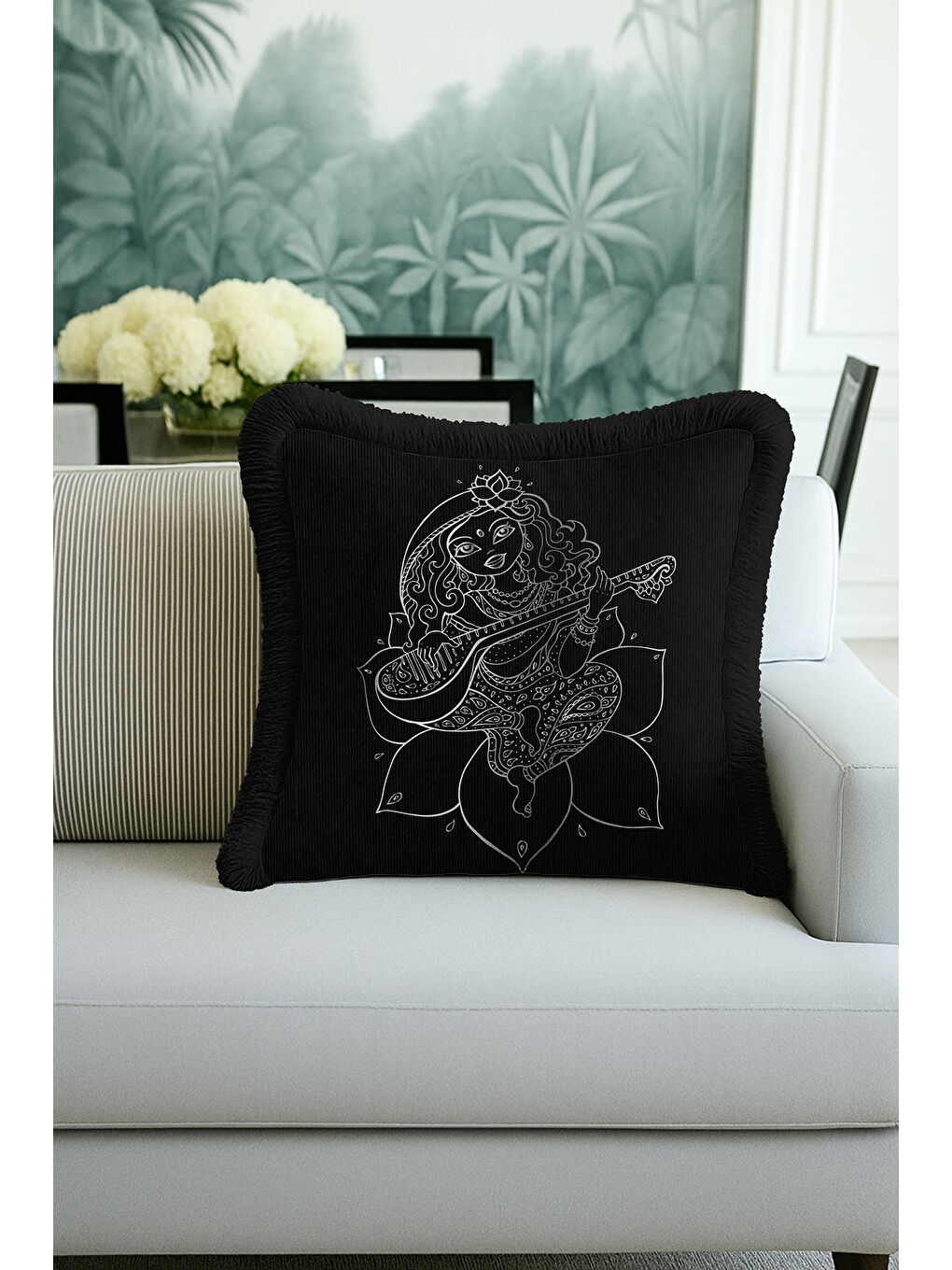 Karışık Mistisizmin Işıltısı Saçaklı Yastık Kılıfı - Spiritüel Sanat Bohem Siyah Püsküllü Kırlent Kılıfı-2